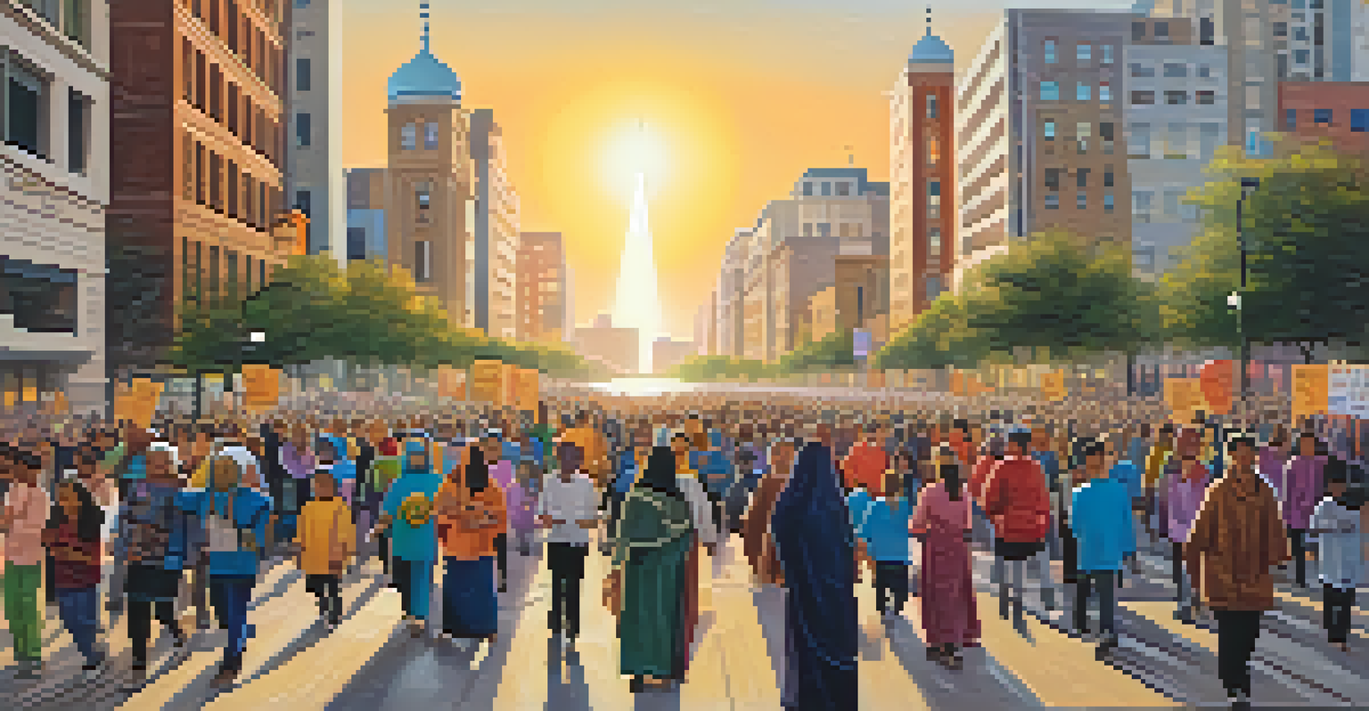 A diverse group of people participating in an interfaith peace march in a city, holding signs and smiling.