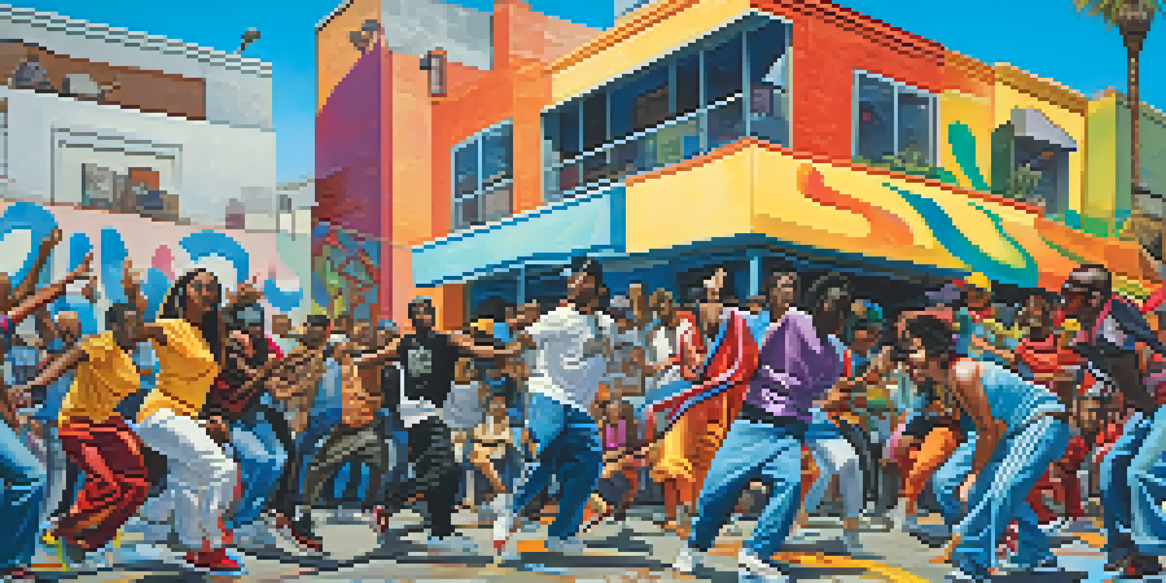A lively street performance in Compton with dancers showcasing hip-hop styles amidst colorful graffiti.