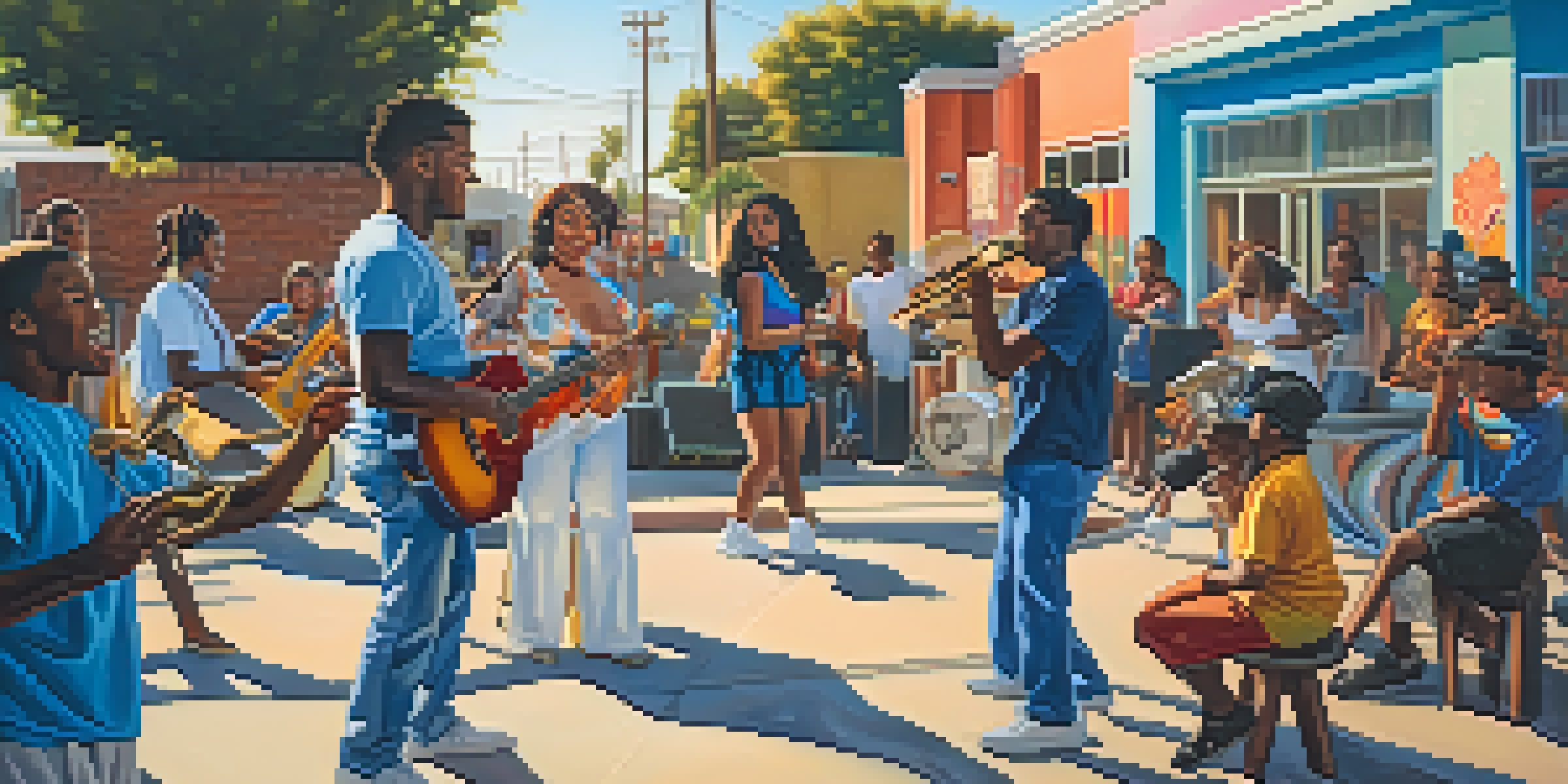 A lively outdoor music performance in Compton with young artists and colorful murals in the background.
