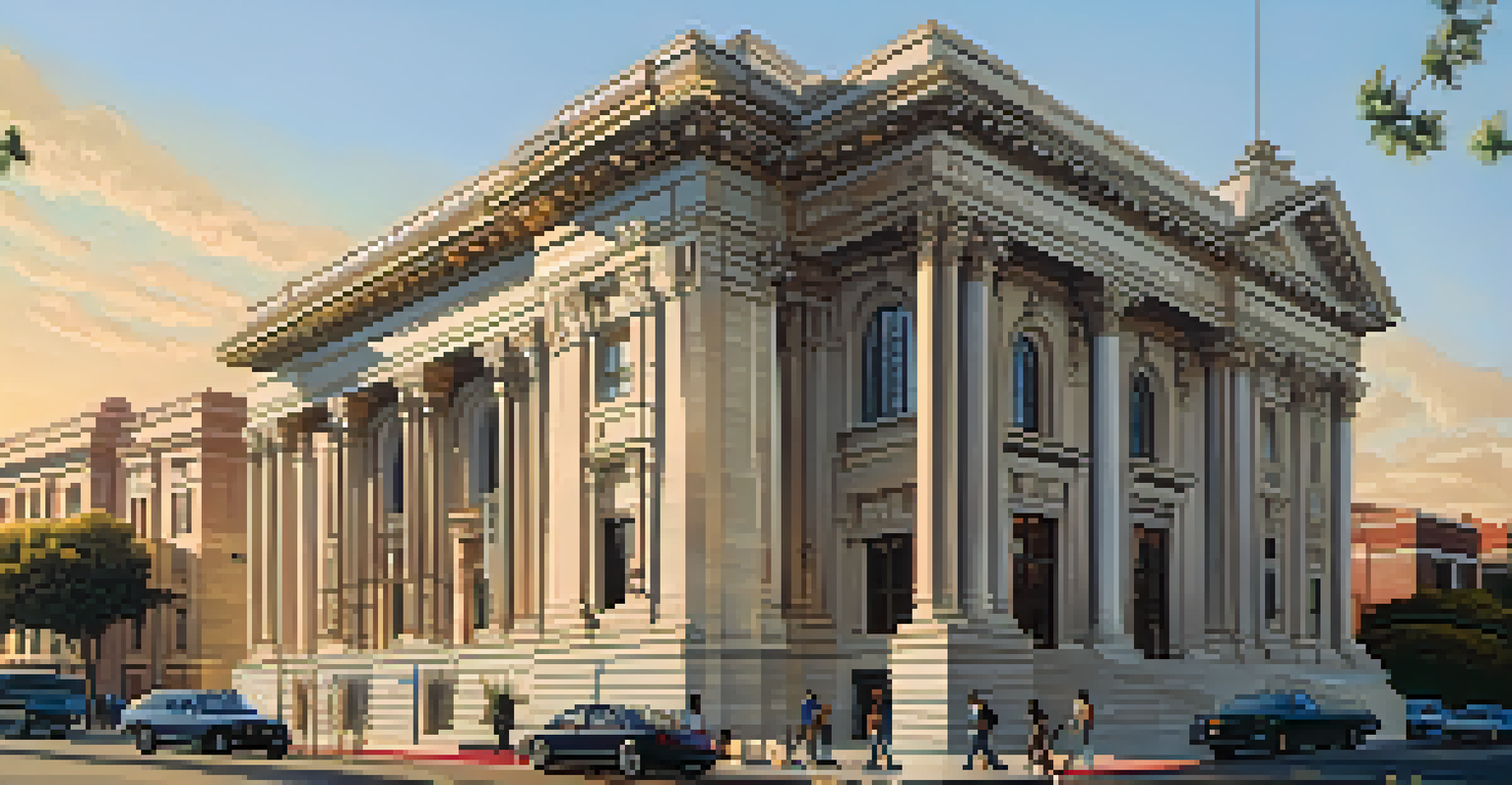 The Compton Courthouse, an intricately designed historic building, illuminated by golden hour light with visitors admiring its architecture.