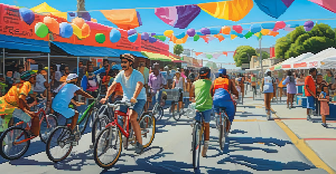 A lively bike festival in Compton with cyclists riding colorful bikes, local food stalls, and decorations.
