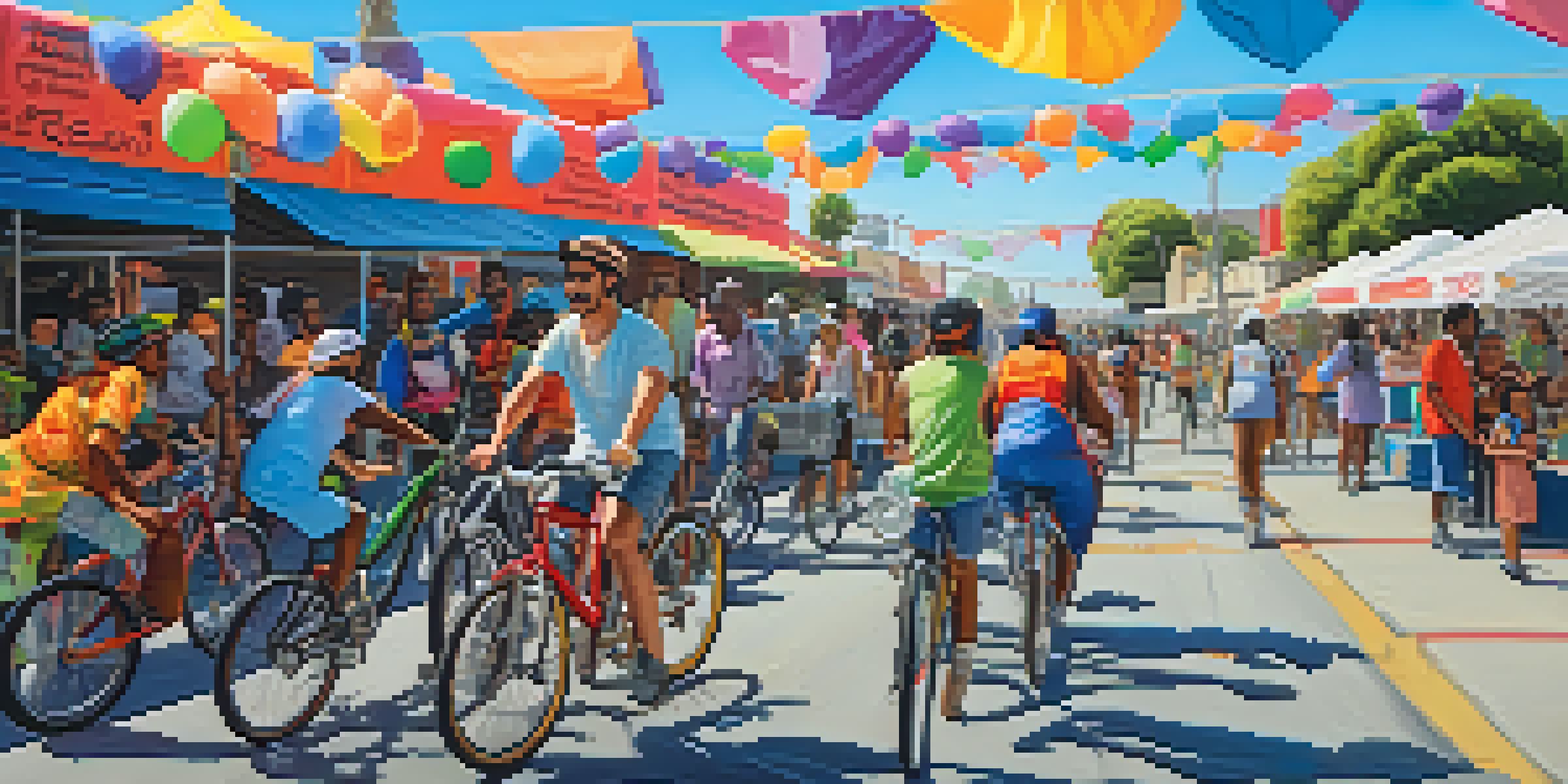 A lively bike festival in Compton with cyclists riding colorful bikes, local food stalls, and decorations.