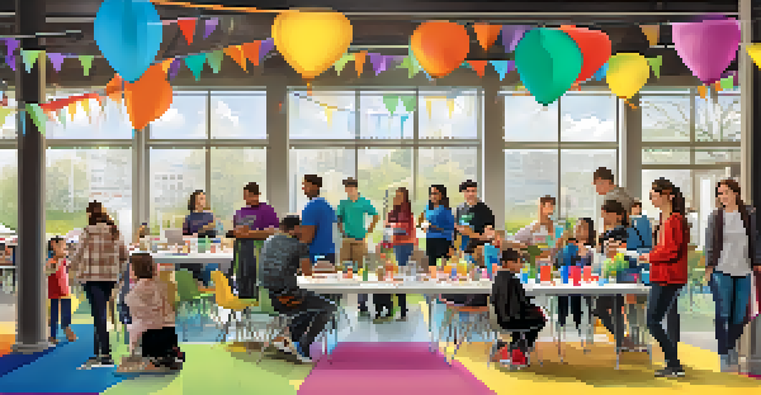 A community event where families admire student tech projects, with colorful banners and a joyful atmosphere.