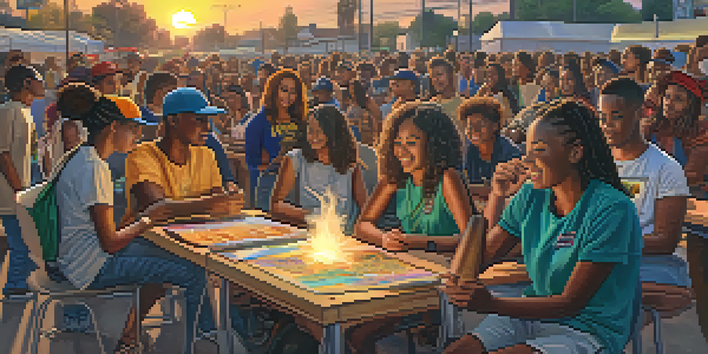 A diverse group of young people in Compton engaged in a community project during a sunset, with colorful banners and an atmosphere of enthusiasm.