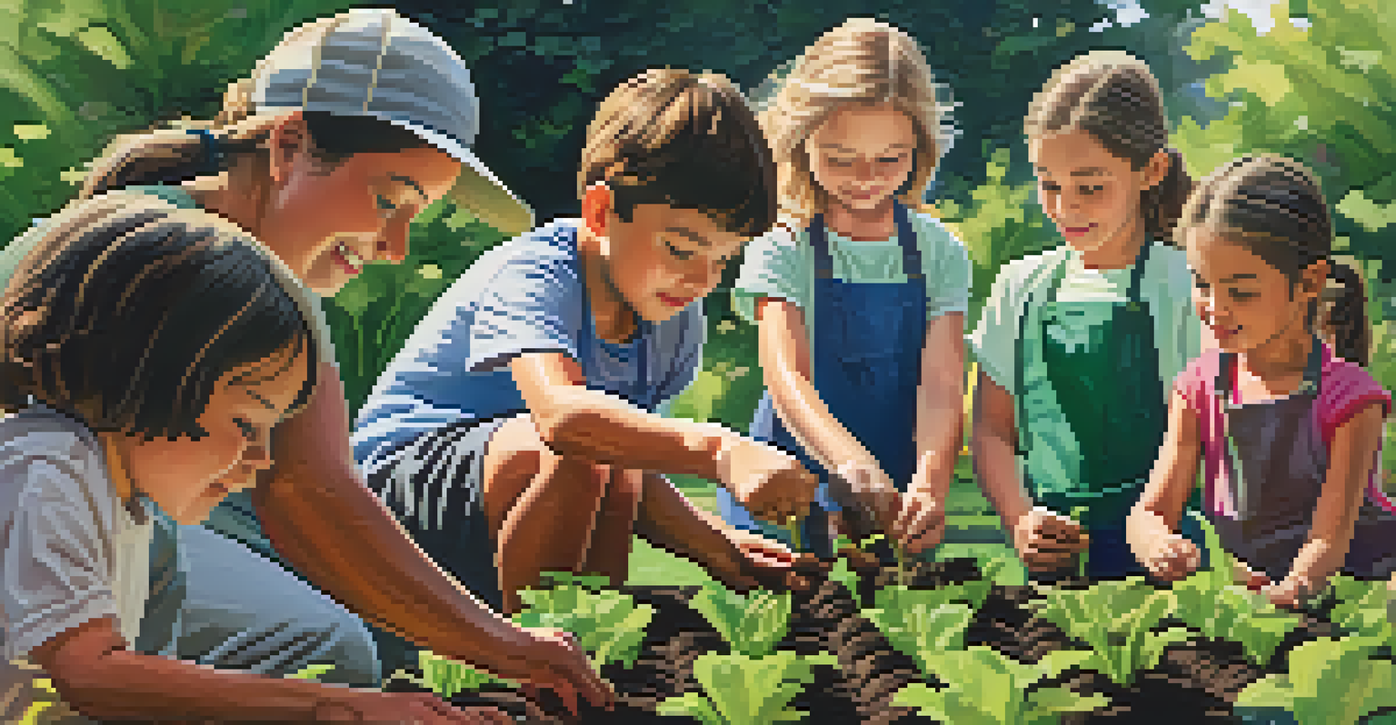 Close-up of diverse hands planting seedlings in dark soil, with other community members and garden plots in the background, bathed in soft afternoon light.