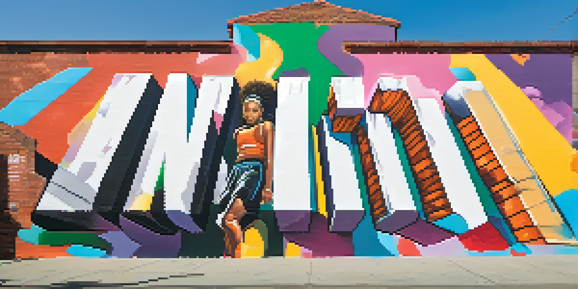 A colorful mural depicting hip-hop culture and community pride on a brick wall in Compton, illuminated by warm sunlight.