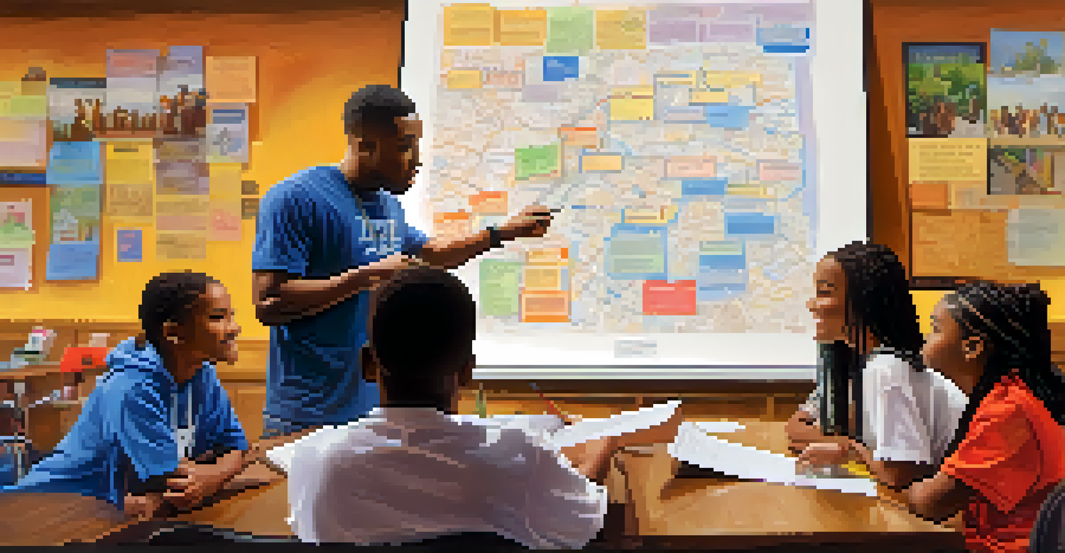 A mentor guiding a young leader in Compton, discussing a community map in a warmly lit room decorated with motivational posters.