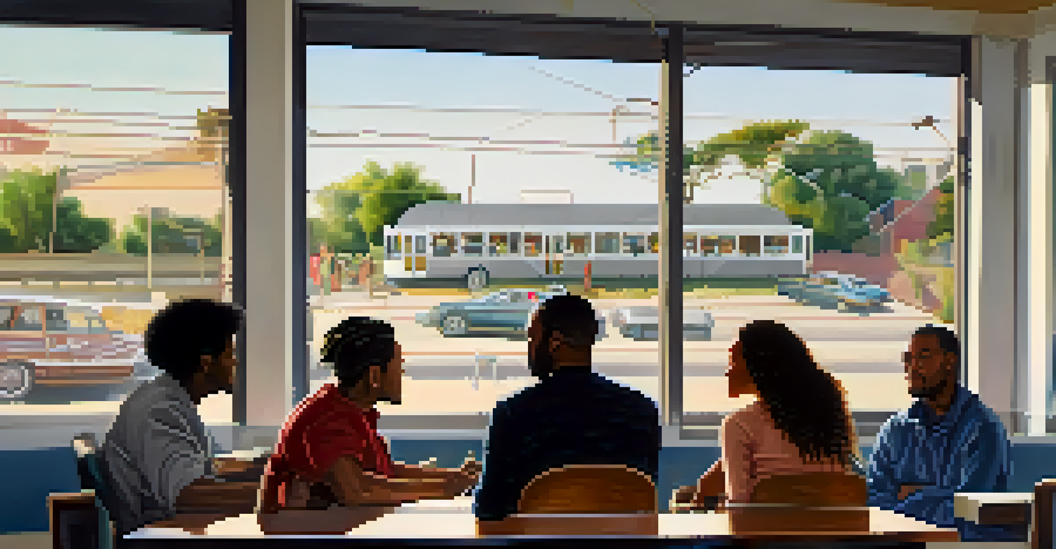 Residents in a community meeting discussing public transportation, with charts and maps on the table in a well-lit room.