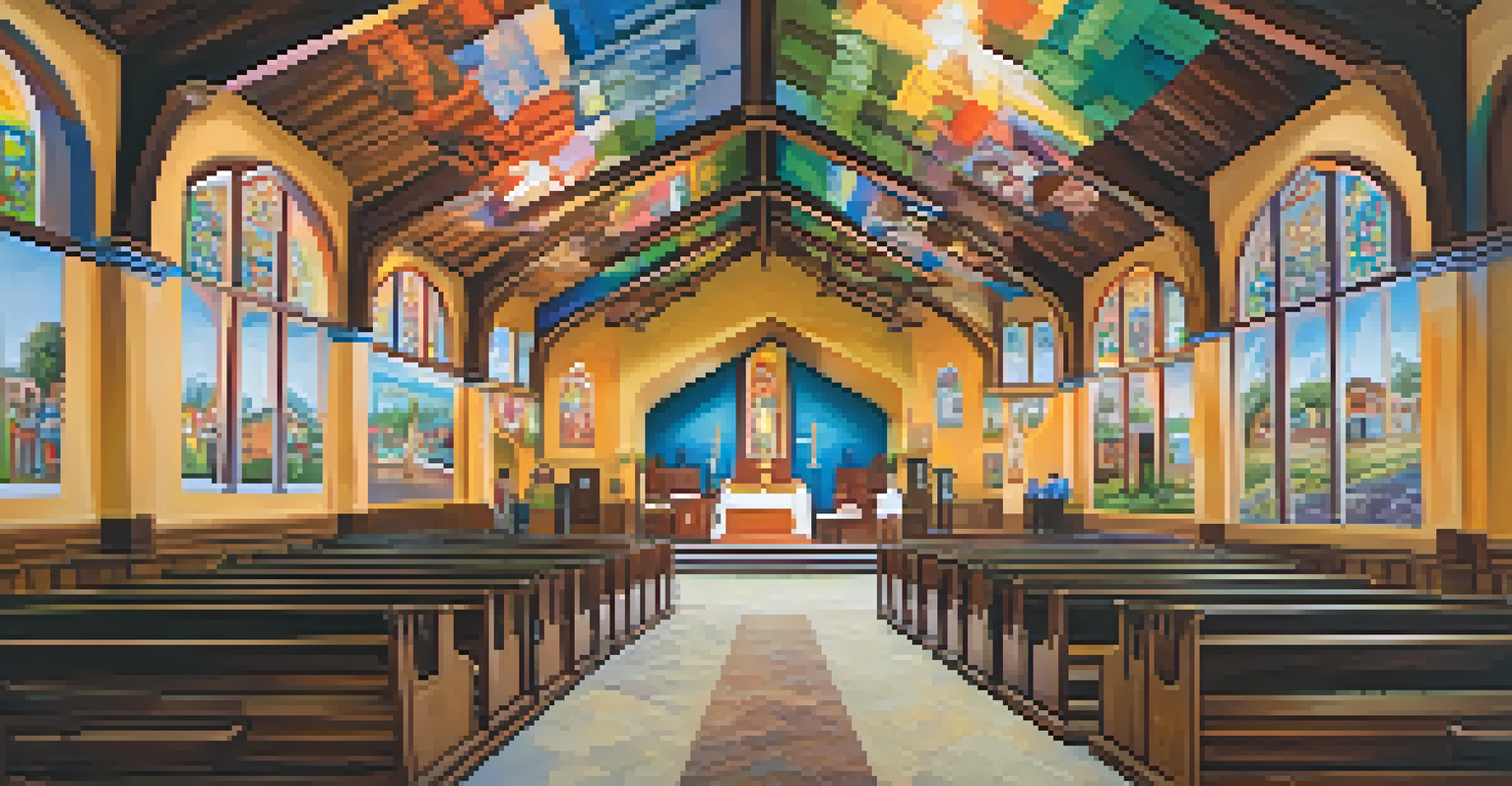 An interior of a church featuring colorful murals and handmade altars, illuminated by soft ambient lighting, creating a warm atmosphere.