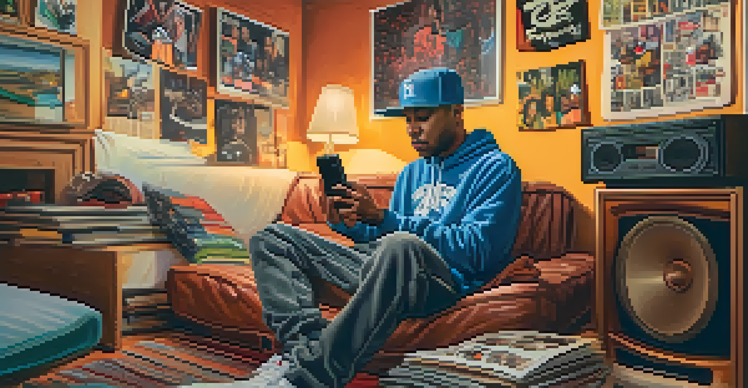 A hip-hop artist from Compton sharing music on a smartphone in a cozy room filled with music memorabilia and vibrant posters.