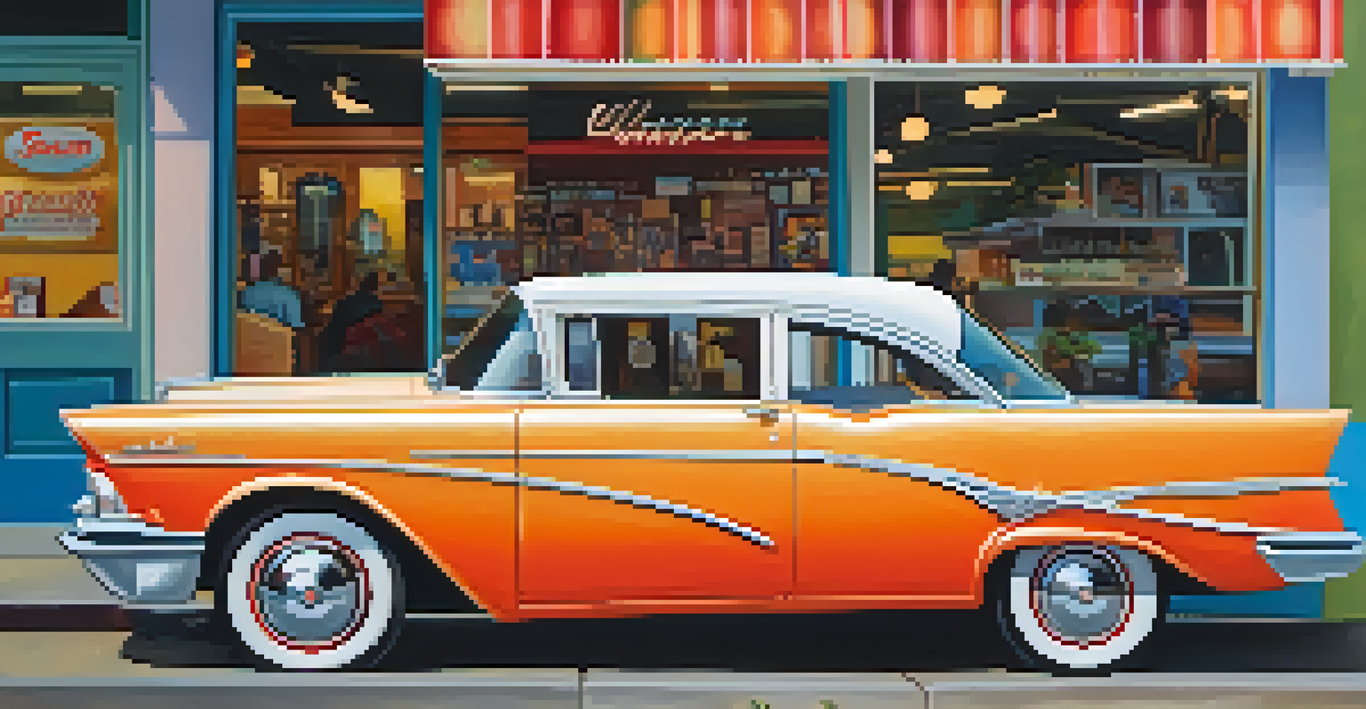 Close-up of a vintage car in front of a local shop, with colorful window displays in soft evening light.