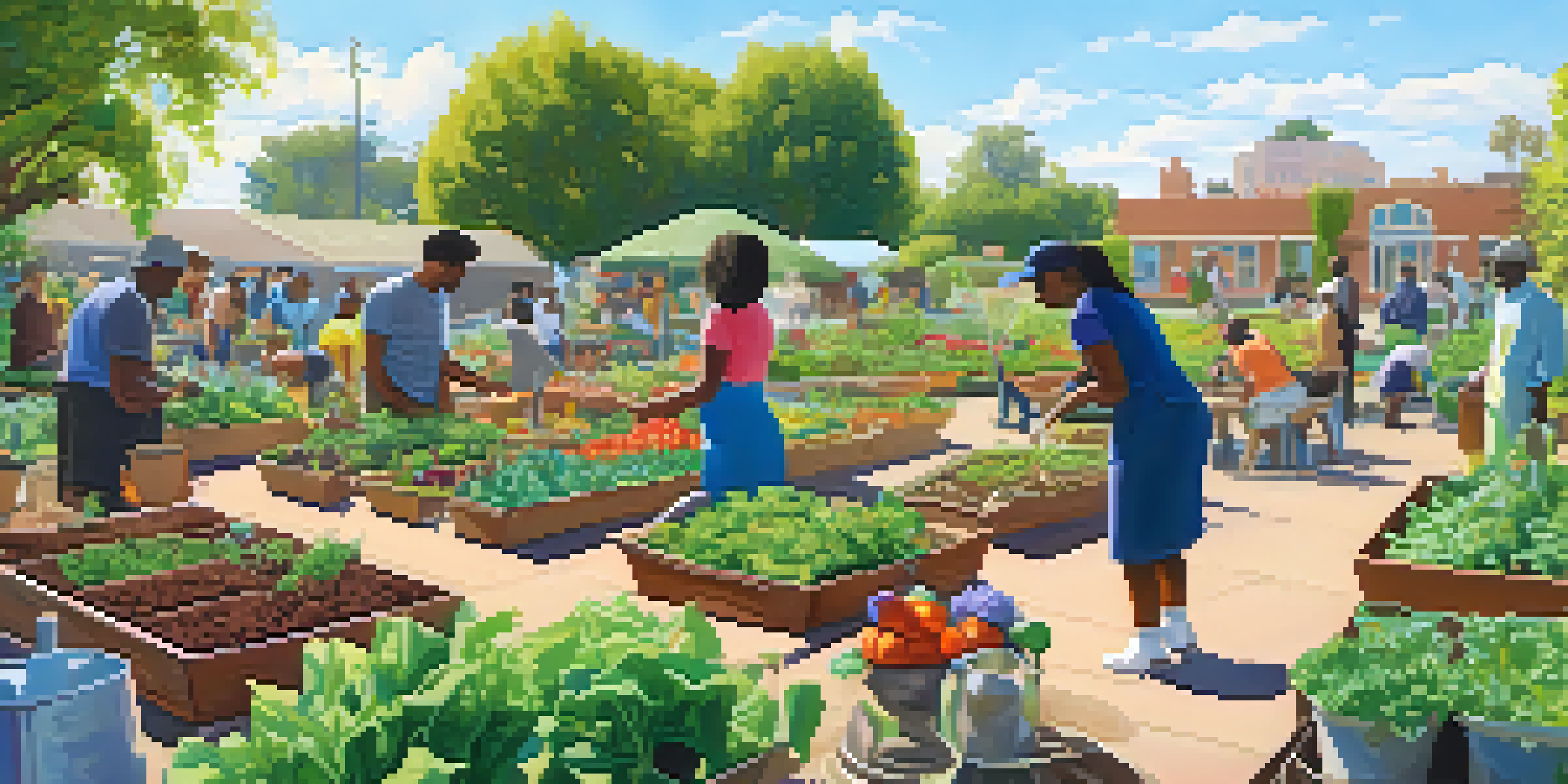 A lively community garden scene in Compton with residents gardening and enjoying a picnic under a sunny sky.