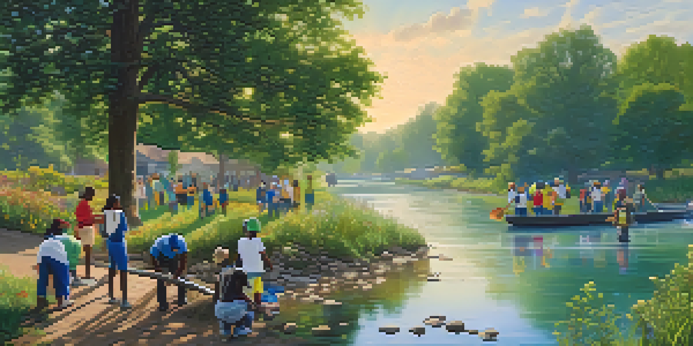 A community cleanup along a clean river in Compton, with people collecting litter and enjoying nature.