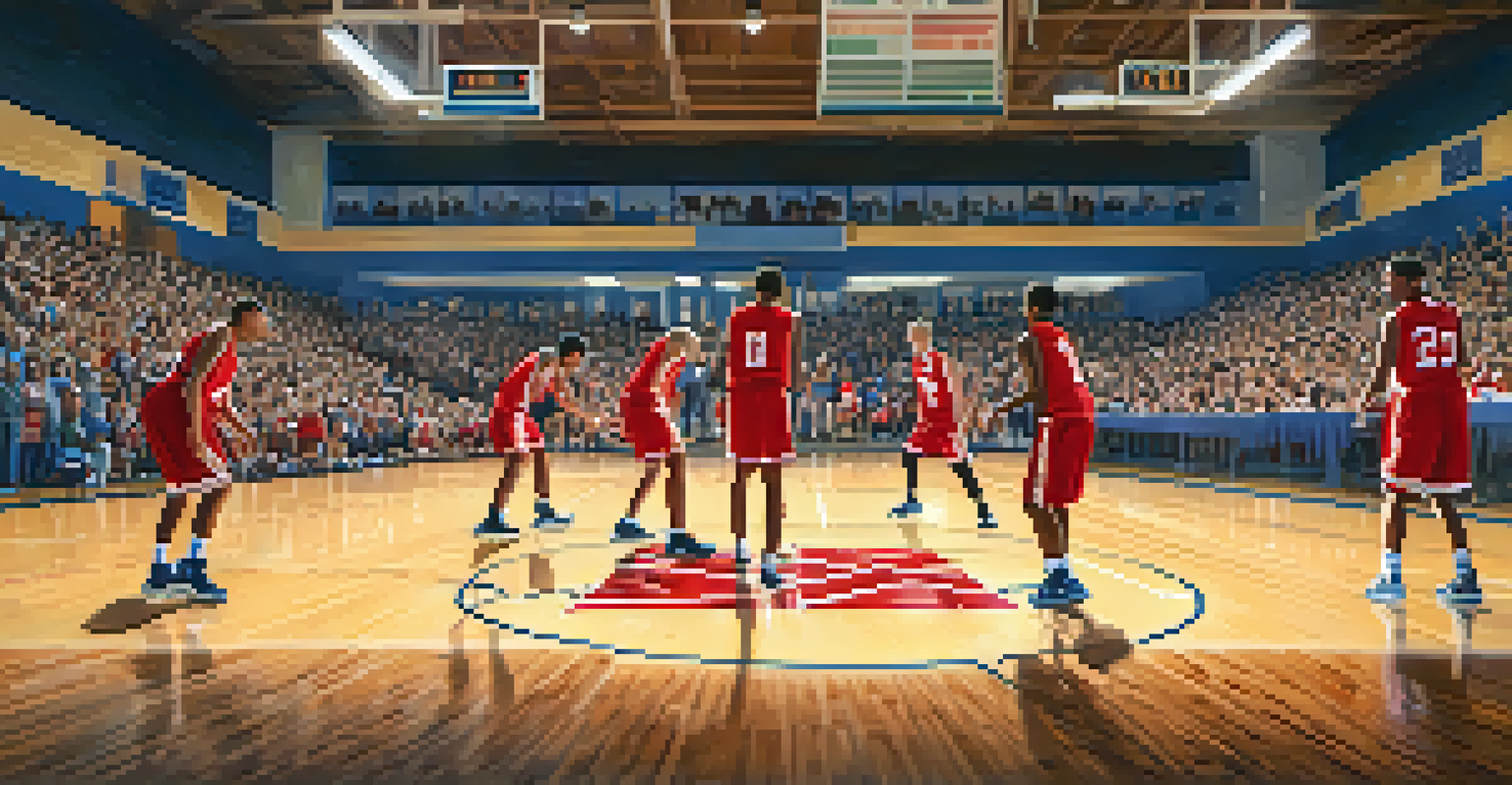 A thrilling basketball game at Compton High School with players making a buzzer-beater shot and fans watching eagerly.