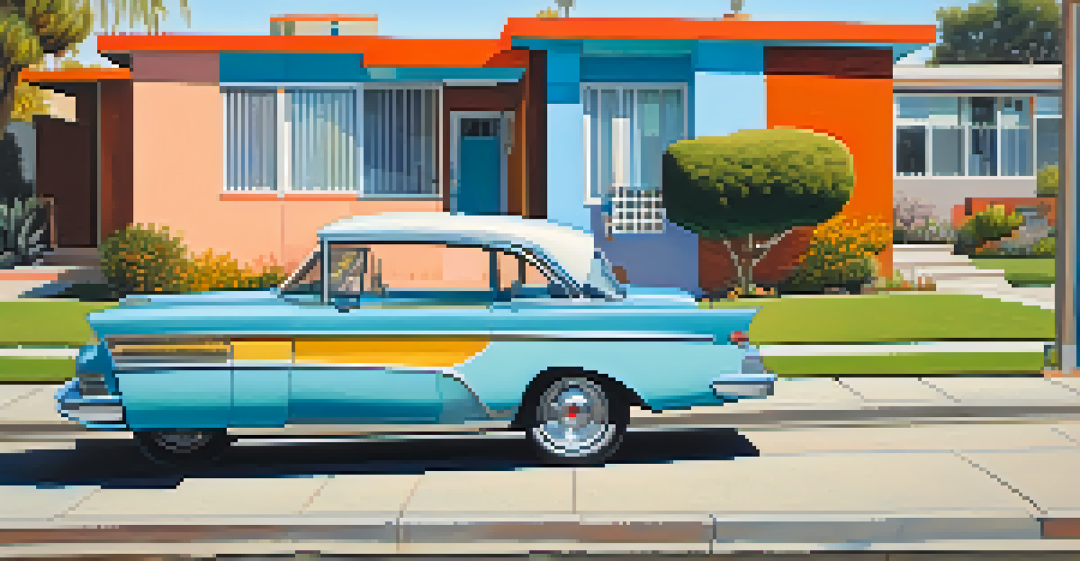 A street view of mid-century modern homes in Compton, showcasing diverse colors and architectural styles under a blue sky.