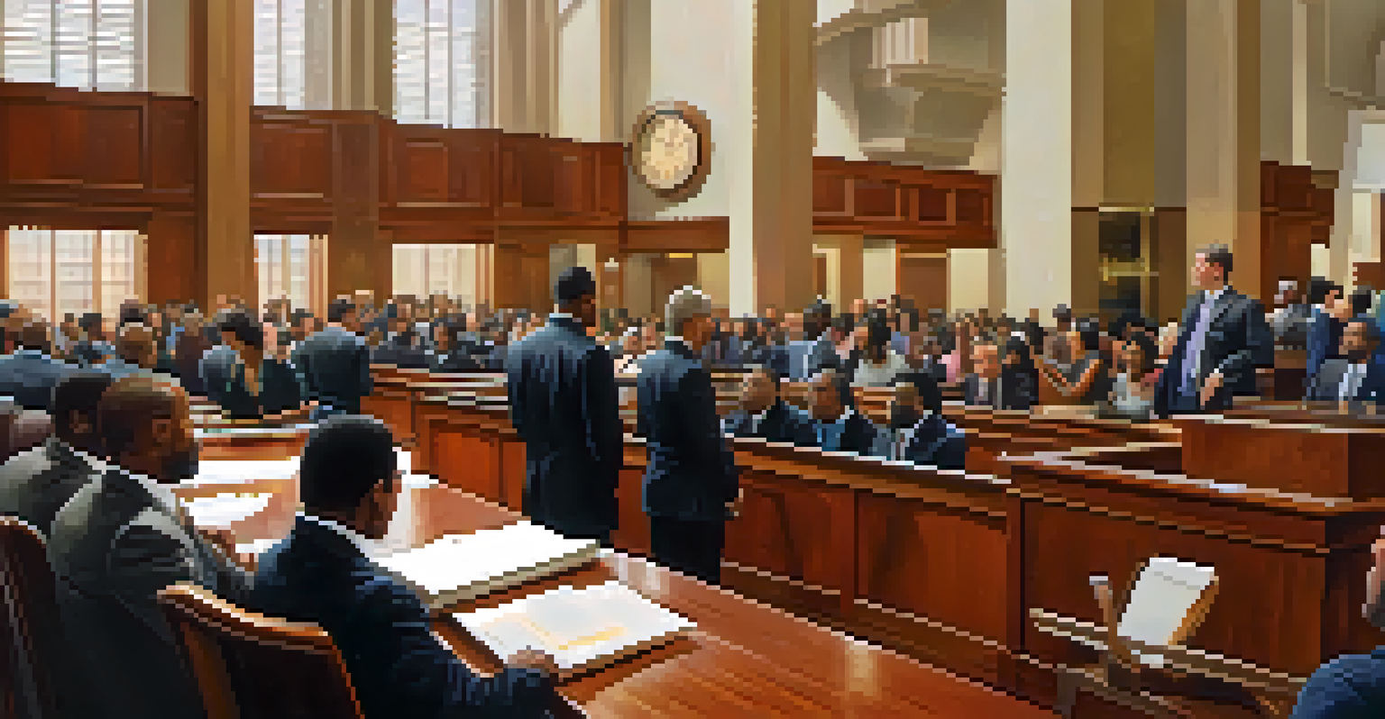 Interior of the Compton Courthouse courtroom with diverse individuals and legal professionals interacting, illuminated by natural light.
