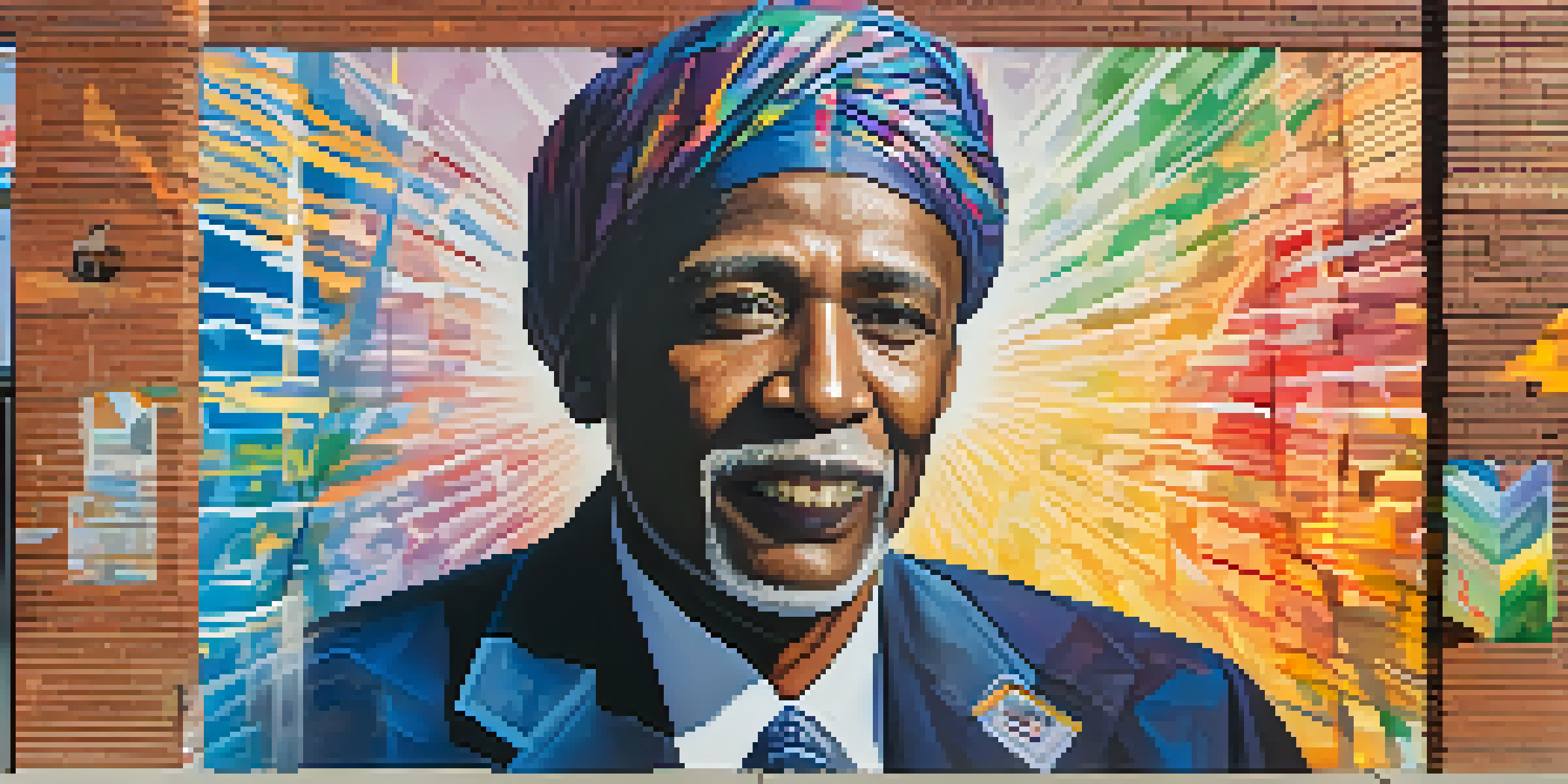 A colorful mural featuring a portrait of a community leader, surrounded by abstract designs, illuminated by sunlight.