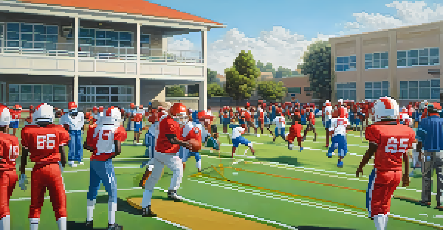 A community sports clinic at Compton High School, with coaches mentoring young athletes and a supportive crowd.