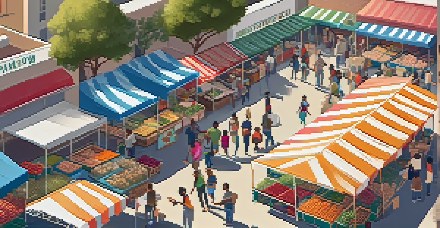 An aerial view of a vibrant farmers' market in Compton, showcasing fresh produce and handmade goods, with community members interacting and shopping.
