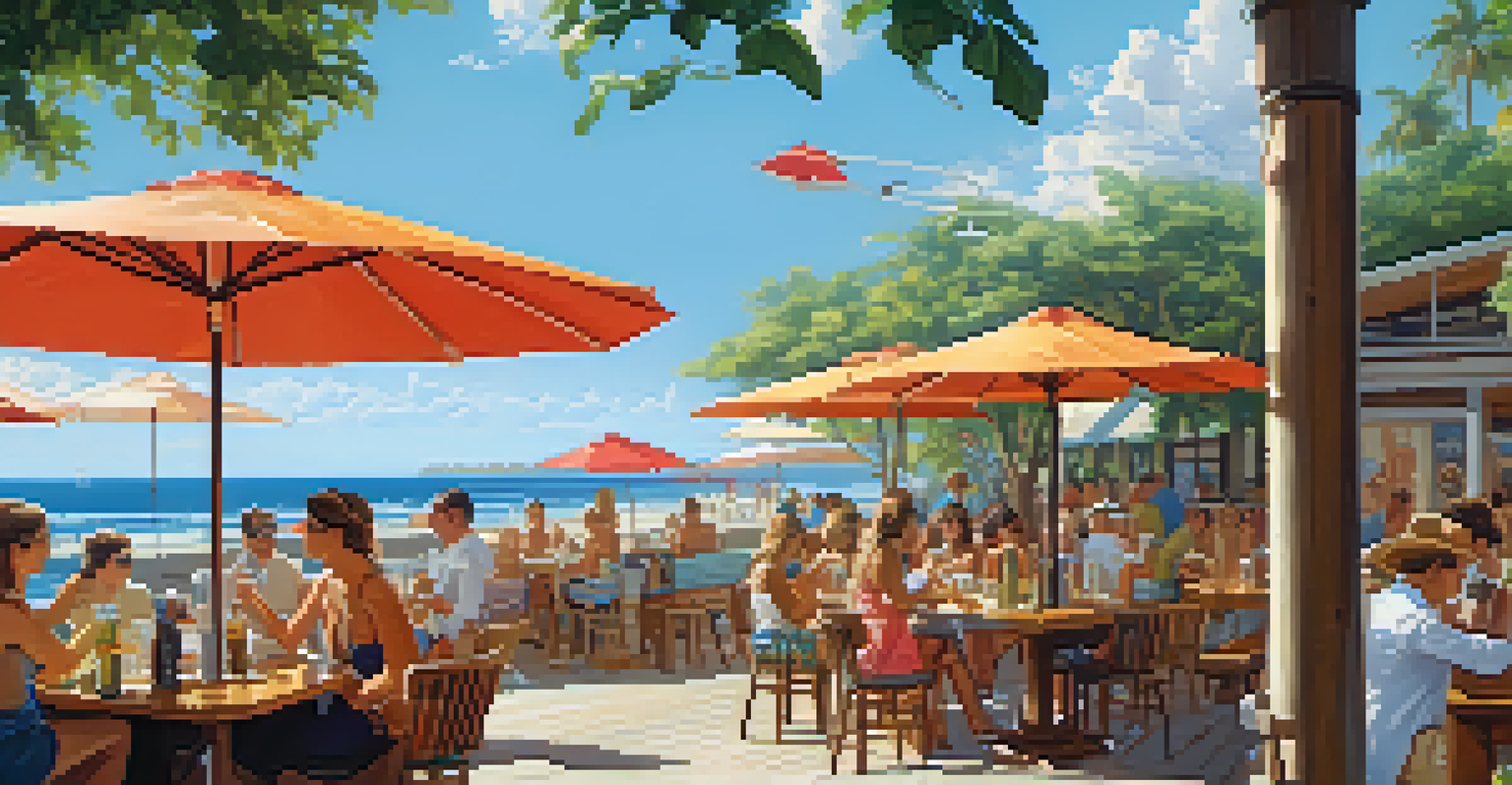 An outdoor brewery patio with beach-themed decor, guests enjoying fruity ales under the sun with greenery in the background.