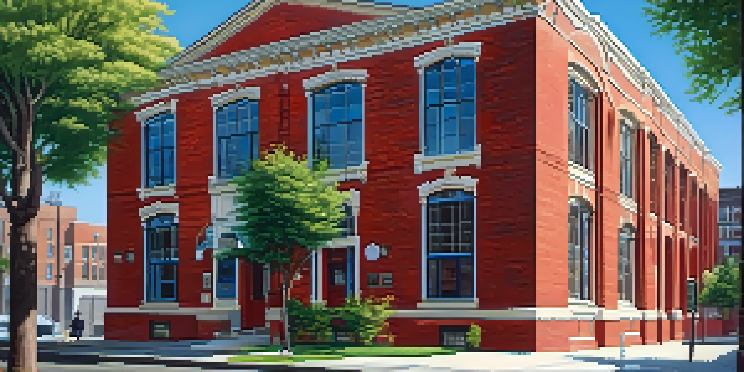 A historic firehouse with a red brick exterior and arched windows surrounded by greenery under a blue sky.