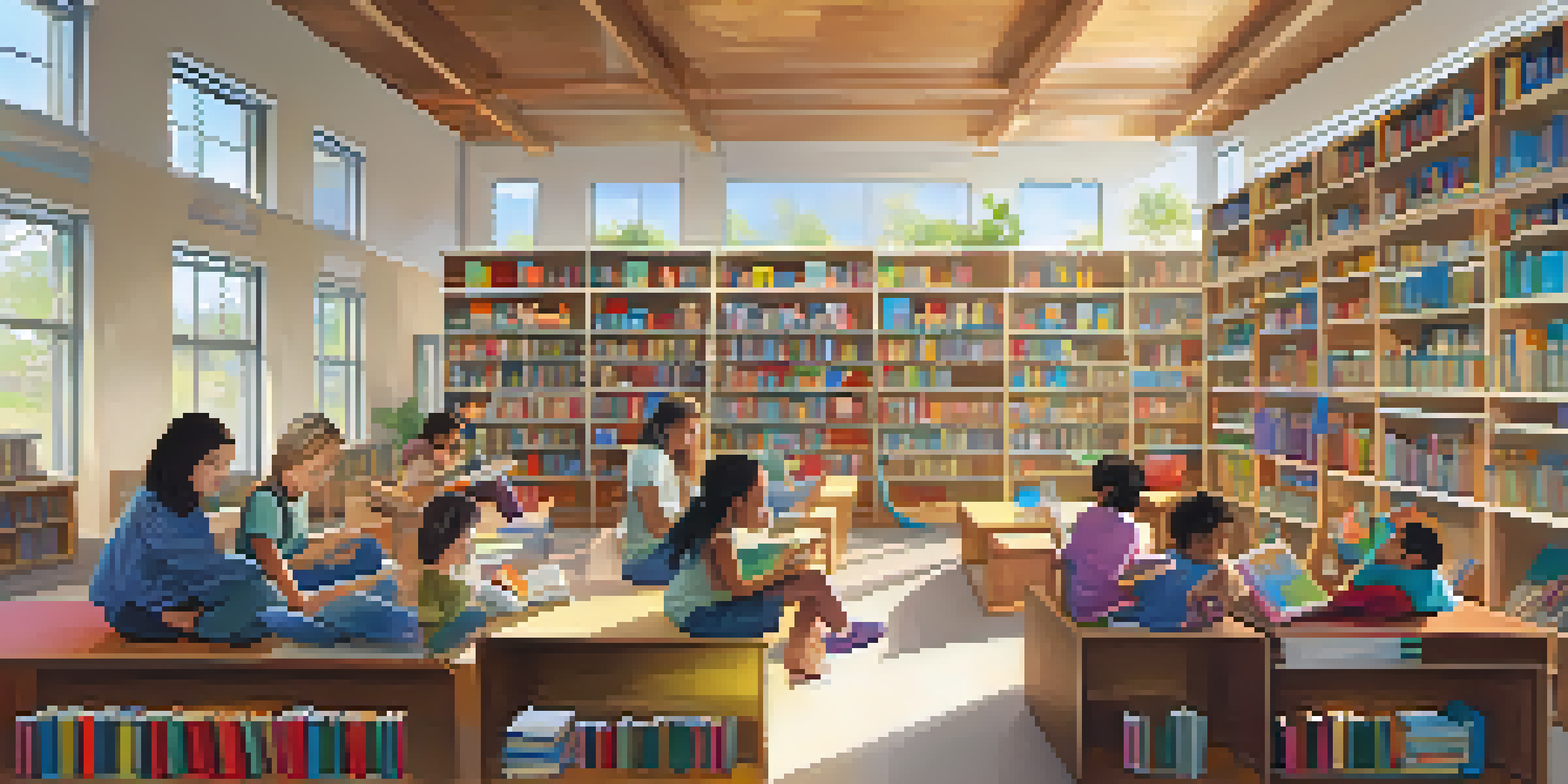 A lively library interior with people reading and using computers, bright sunlight illuminating the space.