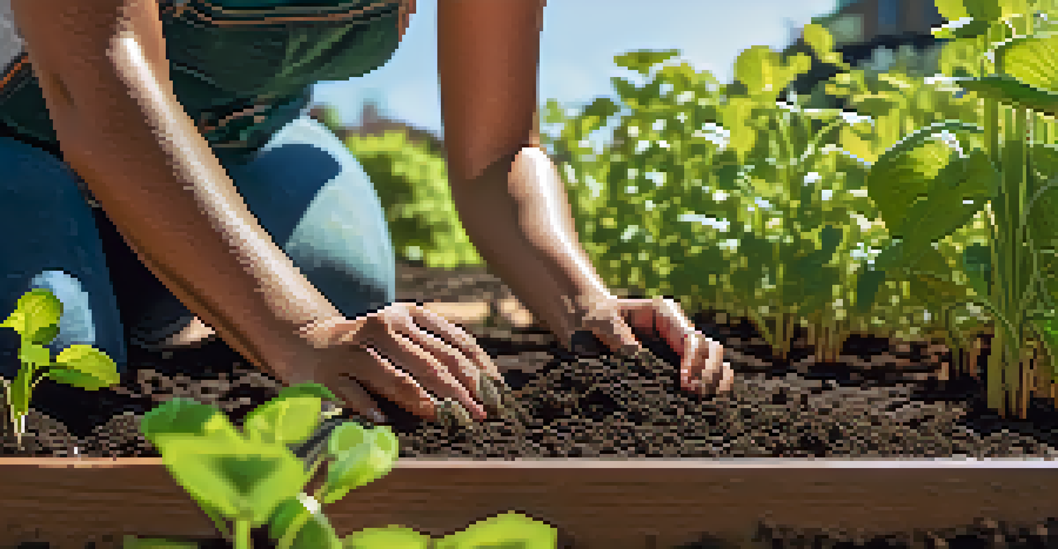 A woman planting seeds in a community garden, focused on her task with vibrant green plants and sunlight filtering through the leaves.