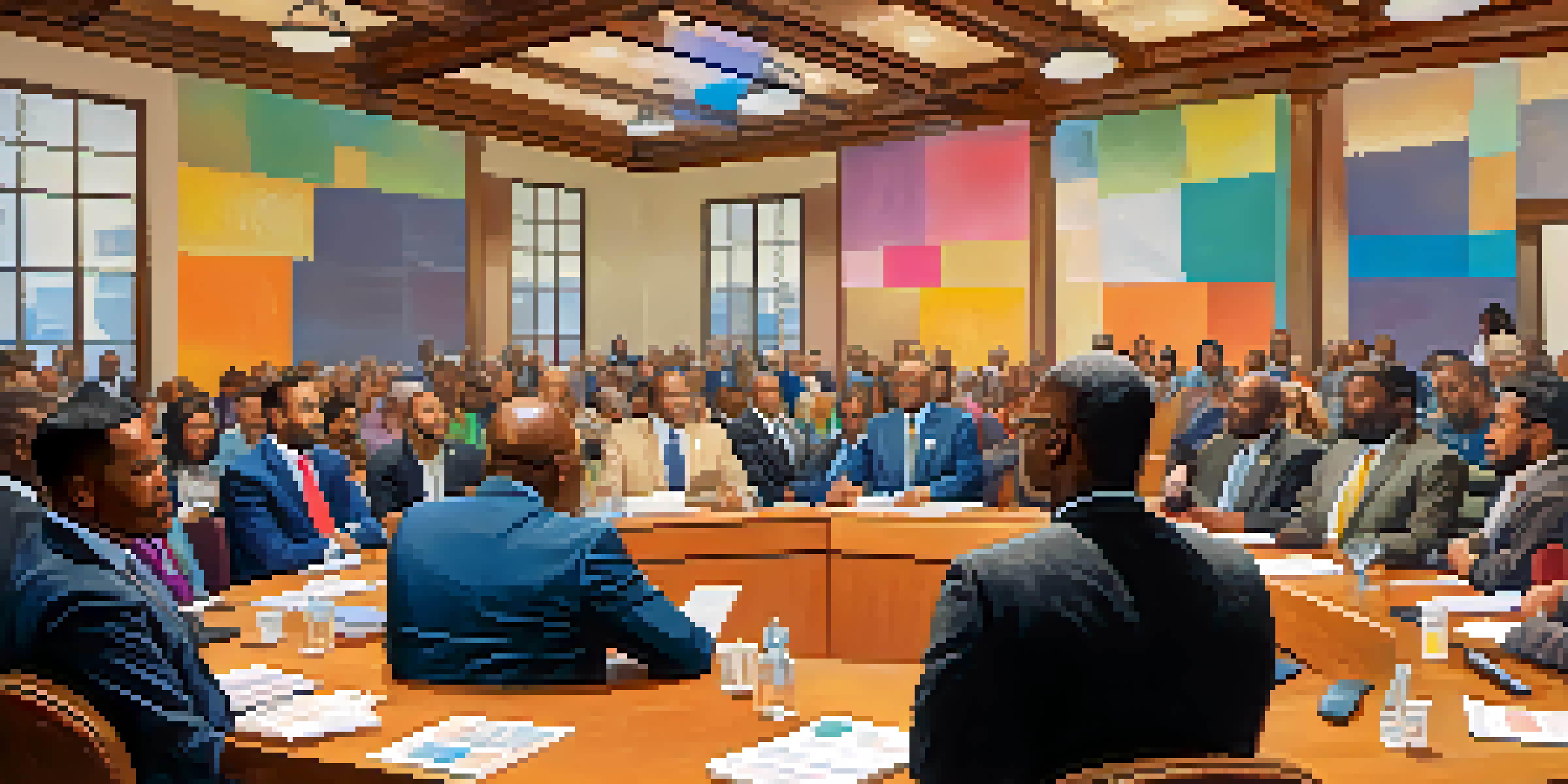 A diverse group of city council members engaged in a meeting with charts and documents, and community members observing in the background.