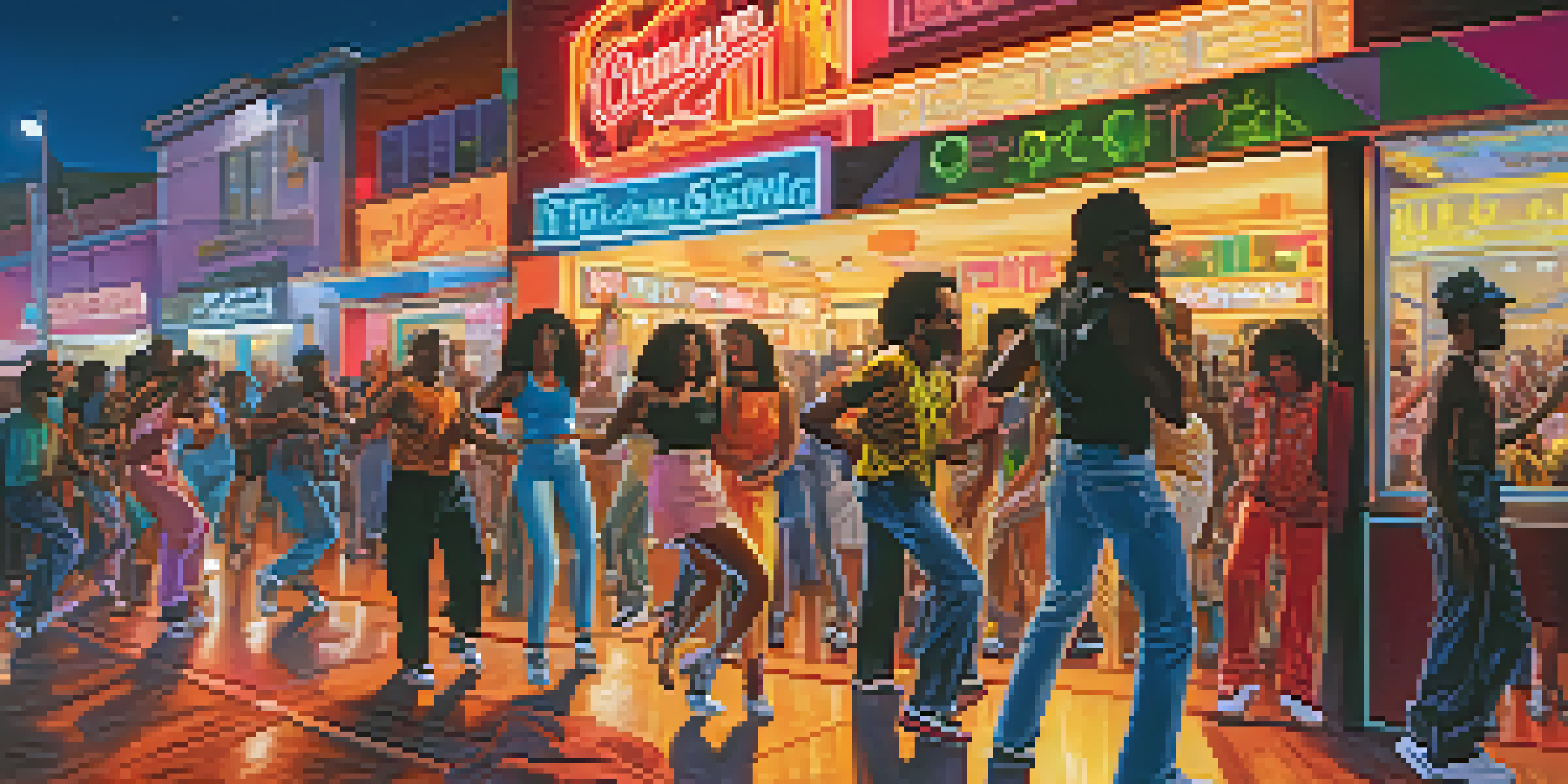 A lively music venue in Compton during the 1980s, filled with diverse patrons dancing and enjoying live hip-hop music.