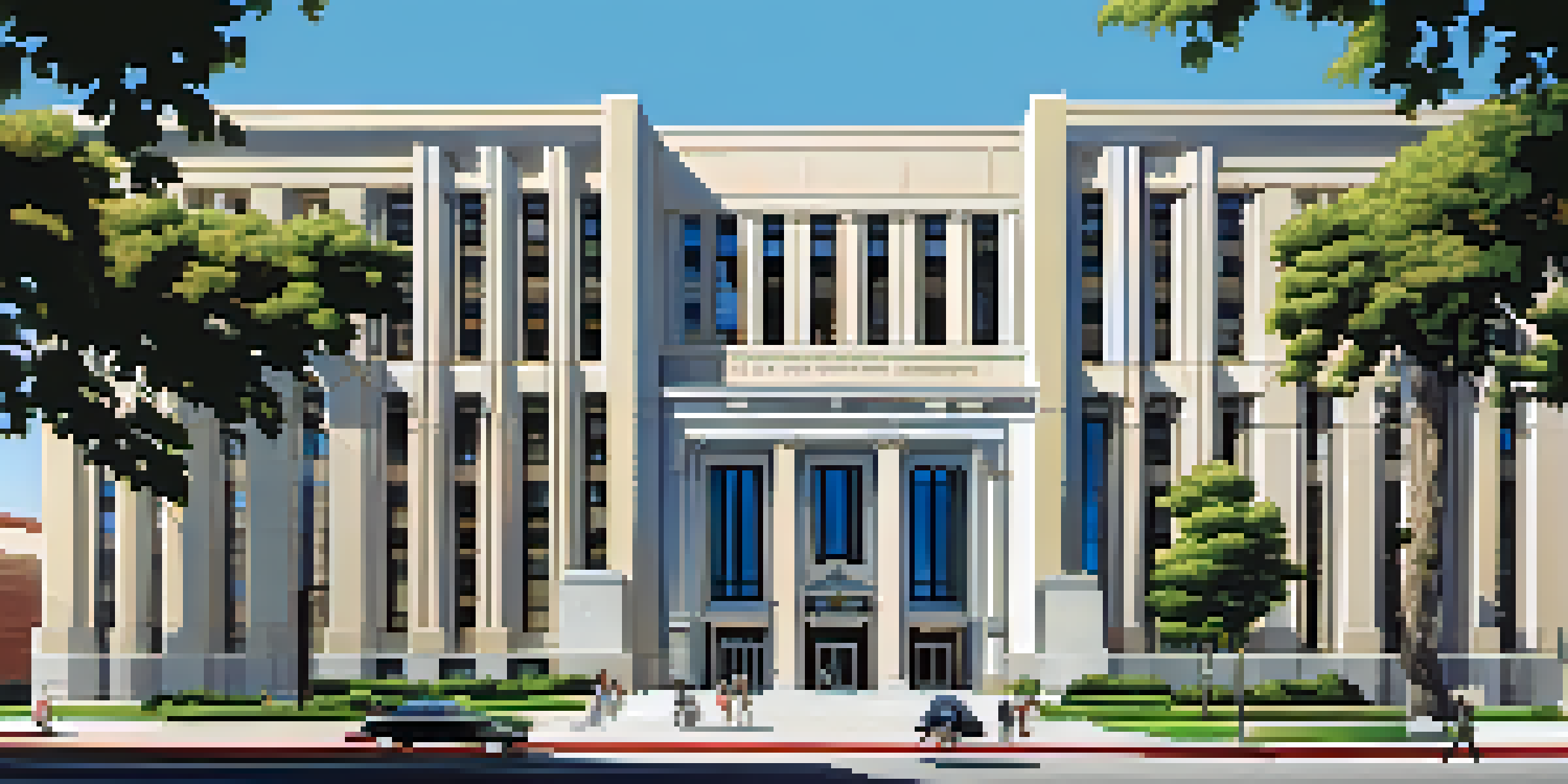 A photorealistic view of the Compton Courthouse with Art Deco architecture, featuring sharp angles and decorative details, surrounded by greenery and people.