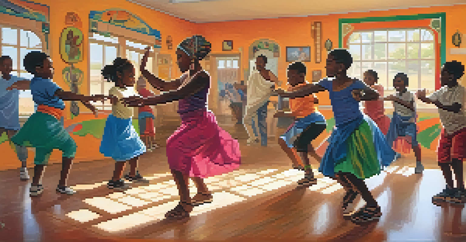 A grandmother teaching traditional African dance to children in a colorful community center, with cultural artwork on the walls.