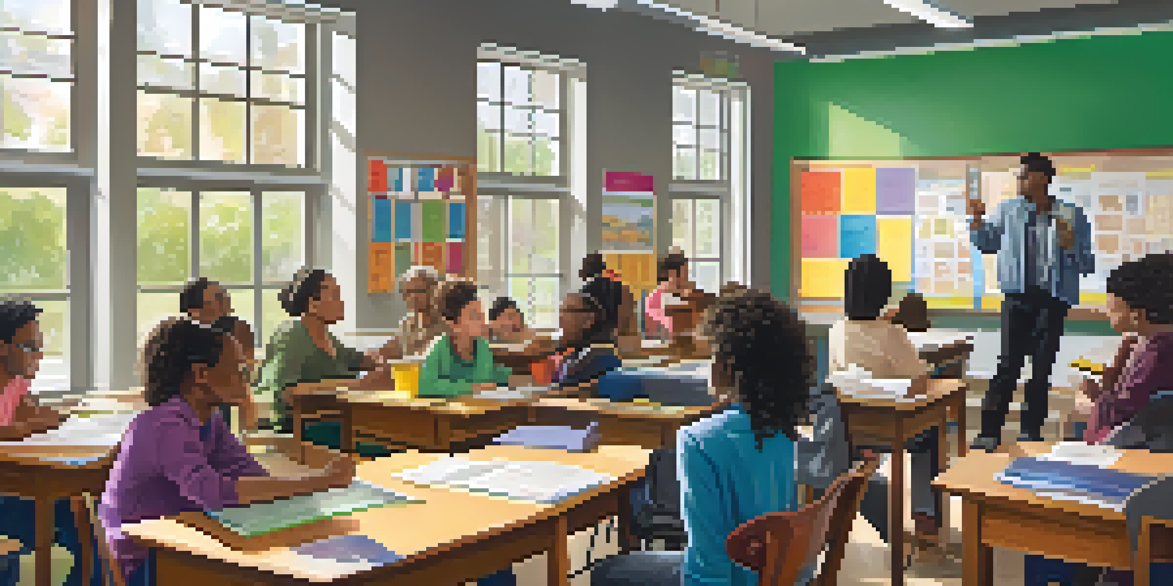 A diverse group of adult learners in a bright classroom, interacting with a teacher.