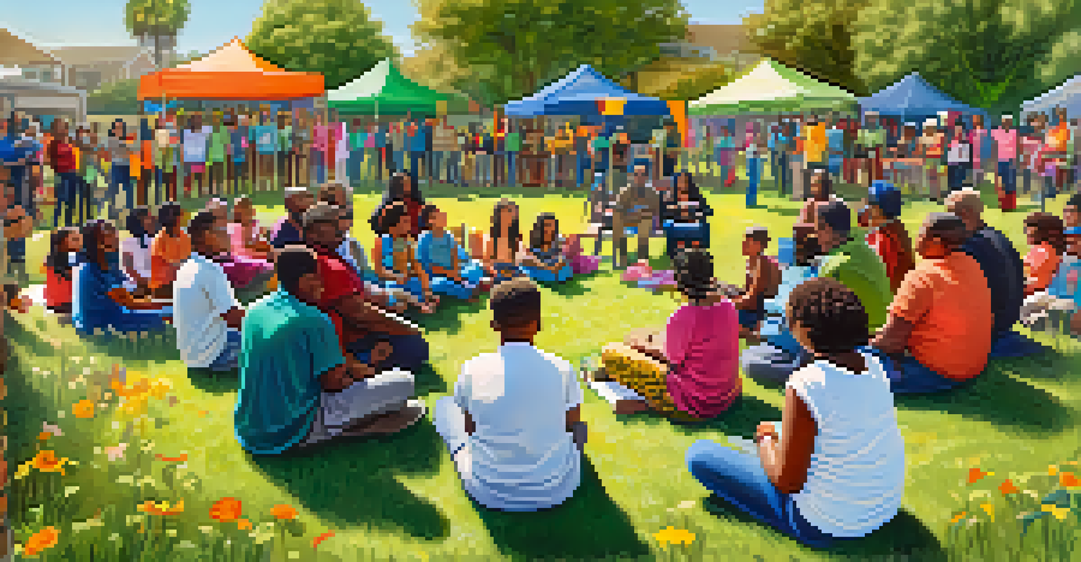 Residents of Compton gathered outdoors sharing oral histories in a community storytelling session, surrounded by colorful decorations.