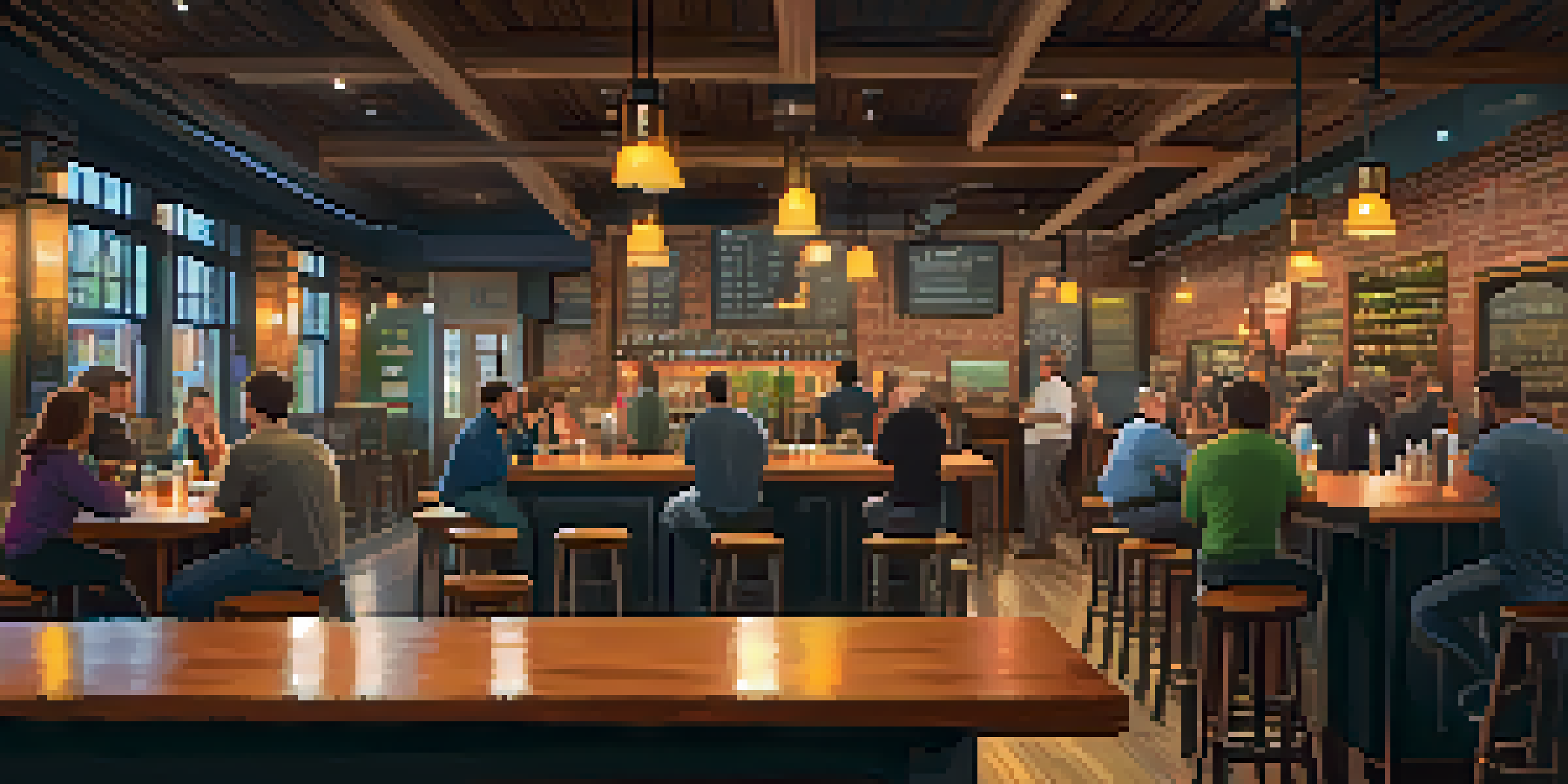 A warm and inviting interior of a craft brewery with wooden tables and colorful beer taps, patrons enjoying drinks and conversing.