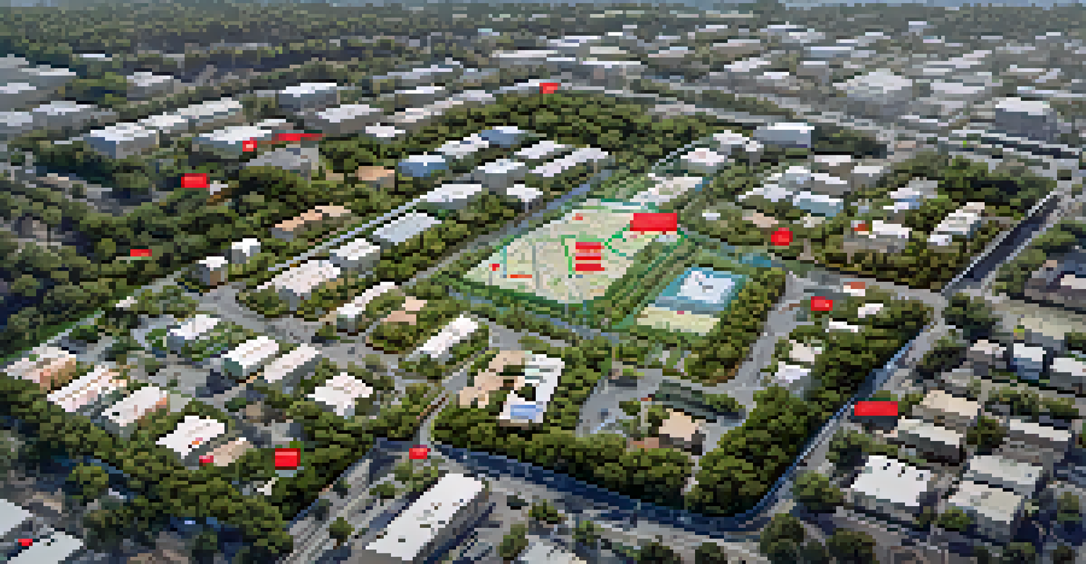 An aerial view map of Compton displaying evacuation routes and safety shelters during a natural disaster, marked with bright icons and surrounded by green and urban areas.