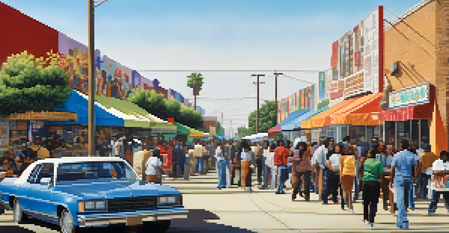 An urban scene in Compton in the 1980s with community members at a local event, featuring colorful banners and booths in a lively atmosphere.