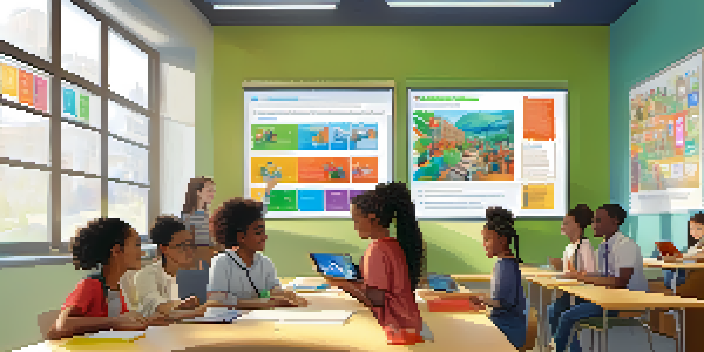 A vibrant classroom where diverse students are using digital tools for learning, with a supportive teacher in a well-lit environment.