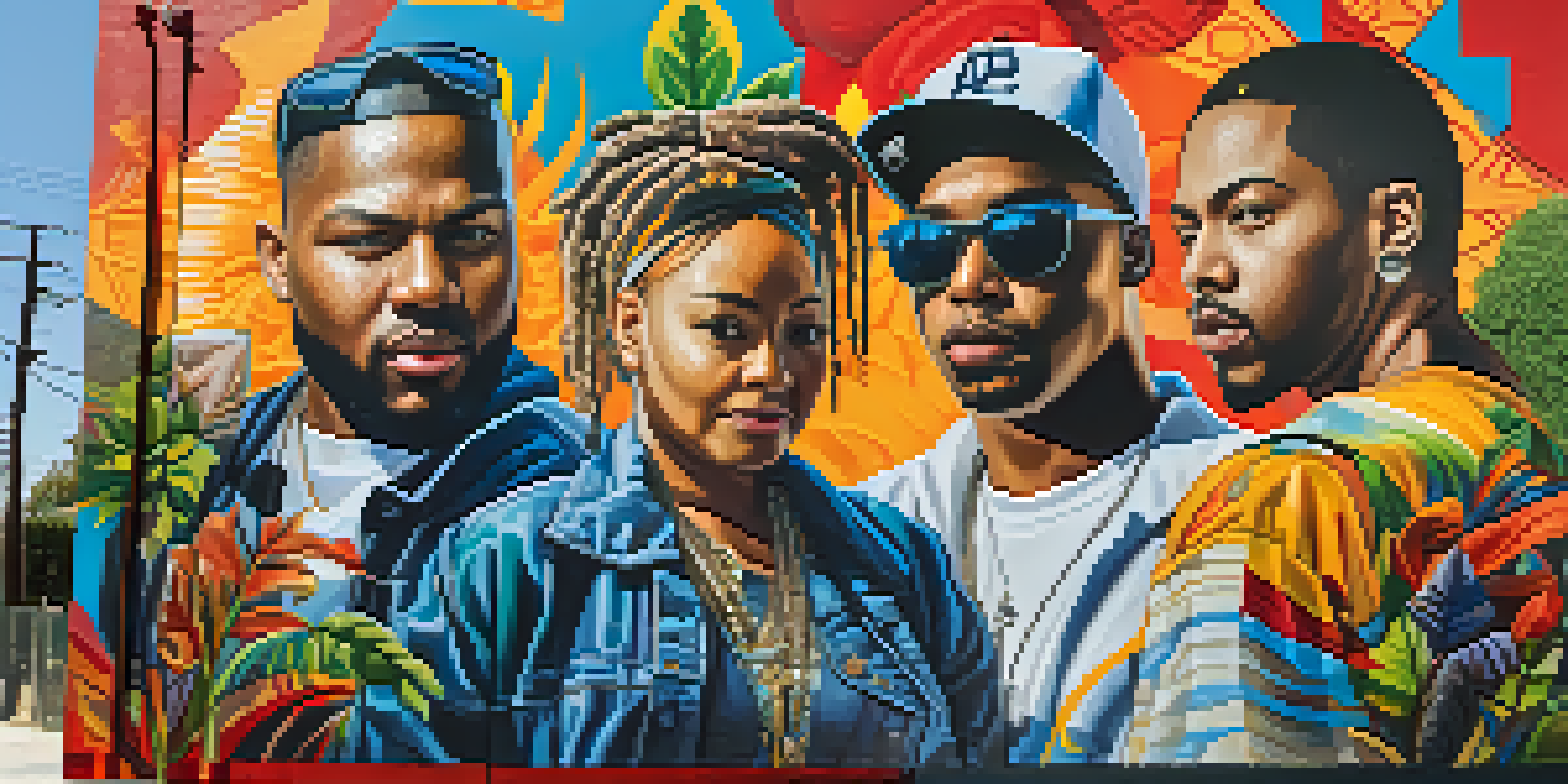 A colorful mural in Compton depicting local heroes and elements of hip-hop culture, surrounded by urban buildings and greenery.