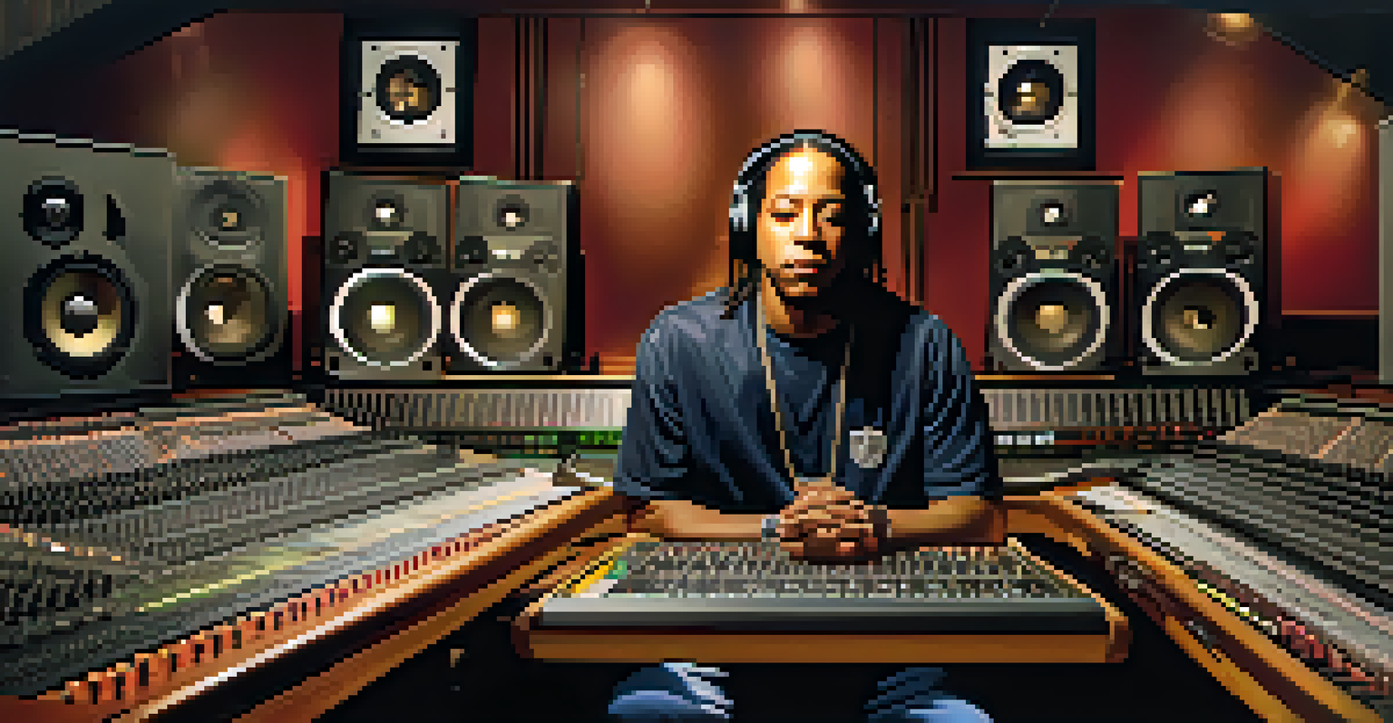 A portrait of DJ Quik in a recording studio, immersed in music creation with various instruments and equipment.
