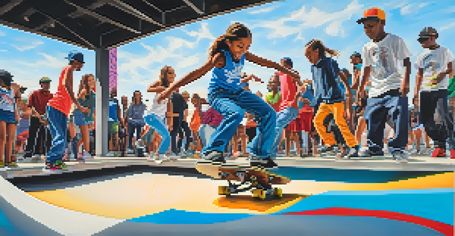 A dynamic performance at the Compton Skate Park, featuring young artists dancing and creating graffiti art in a colorful and lively environment.