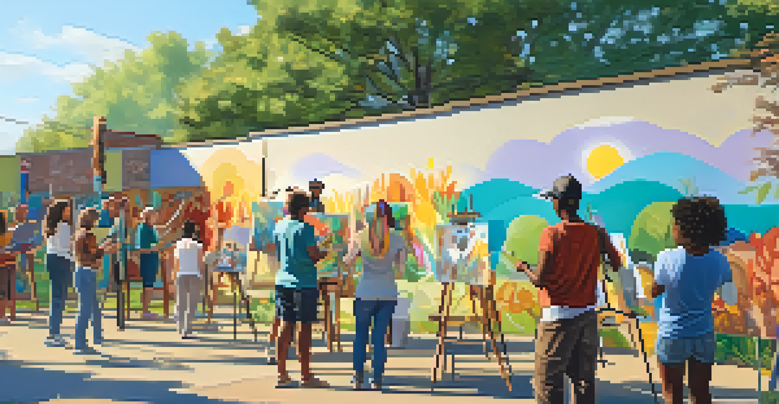 Local residents engaged in a community art workshop, painting a large mural together in an outdoor setting under warm afternoon light.