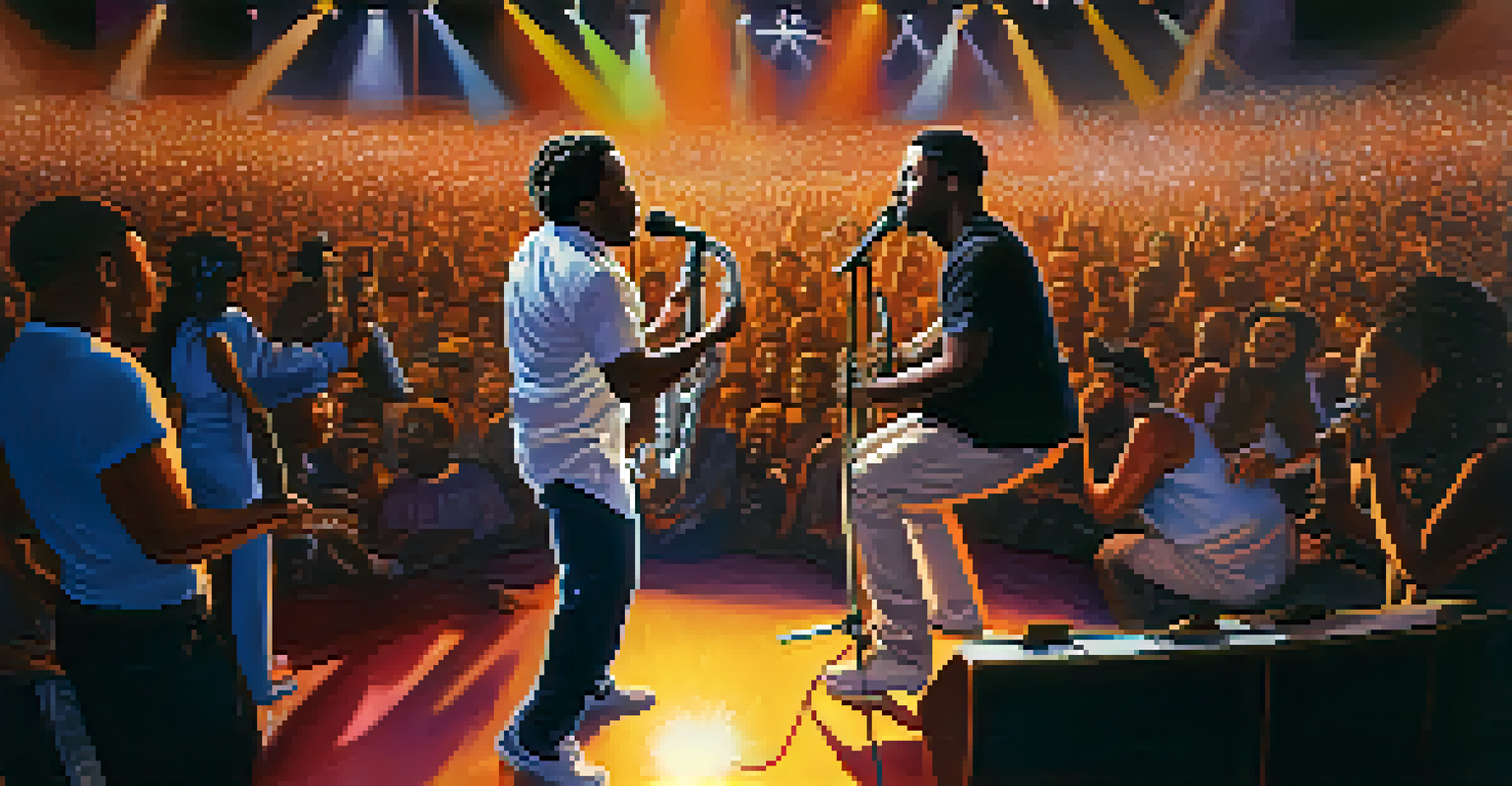 A musician and a poet performing together on stage in Compton, with vibrant lights and an engaged audience.