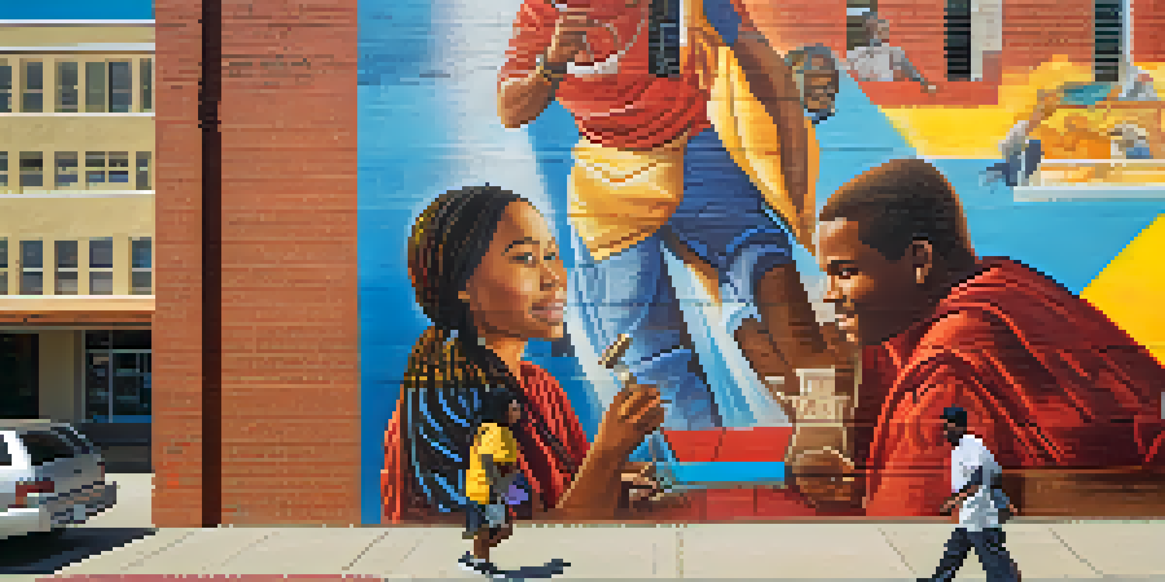 A colorful mural depicting historical figures and cultural motifs on a brick wall, with local artists painting together in the sunlight.