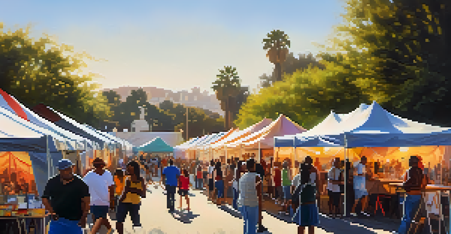 A bustling art festival in Compton with colorful tents, artists showcasing their work, and attendees enjoying the atmosphere under golden sunlight.