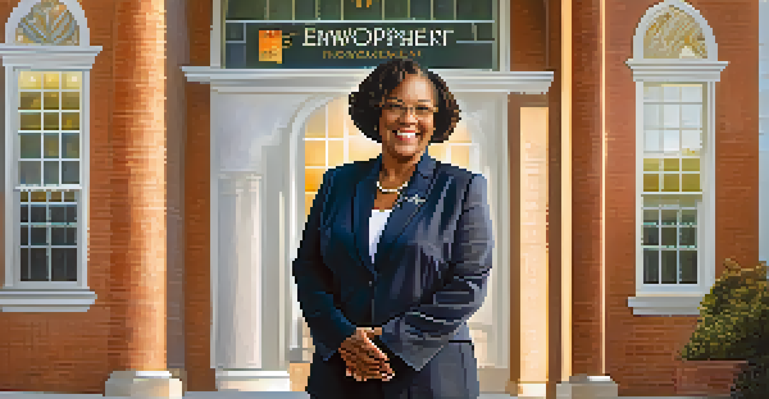 A portrait of Dr. Gwendolyn W. McKenzie in front of a community center, smiling with a banner about empowerment in the background.