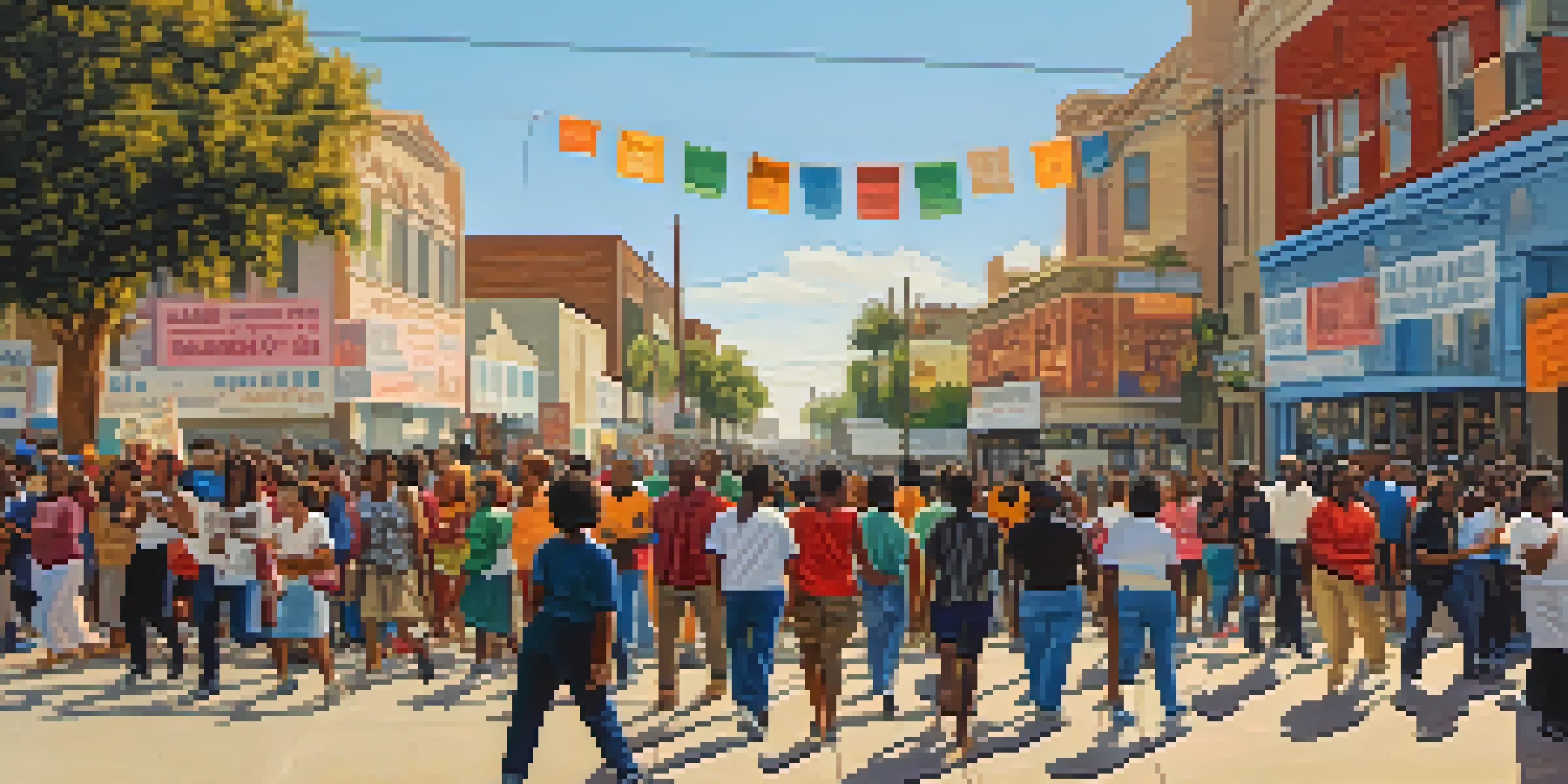 A lively street scene in Compton with community members participating in a peaceful civil rights rally, colorful banners, and murals in the background.