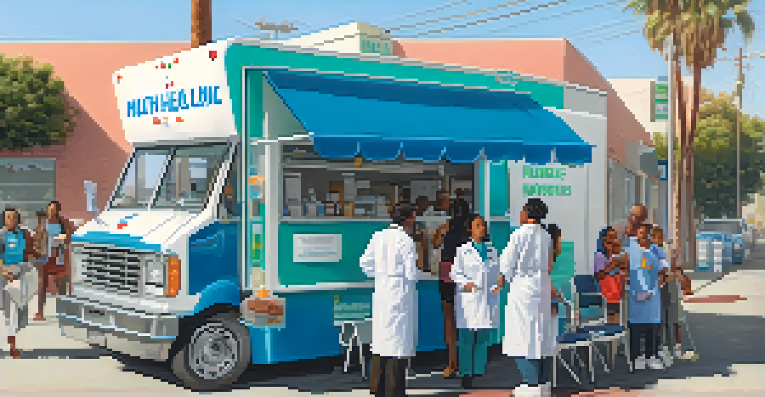 A mobile health clinic in Compton, with healthcare professionals assisting residents on a city street, emphasizing accessible healthcare services.