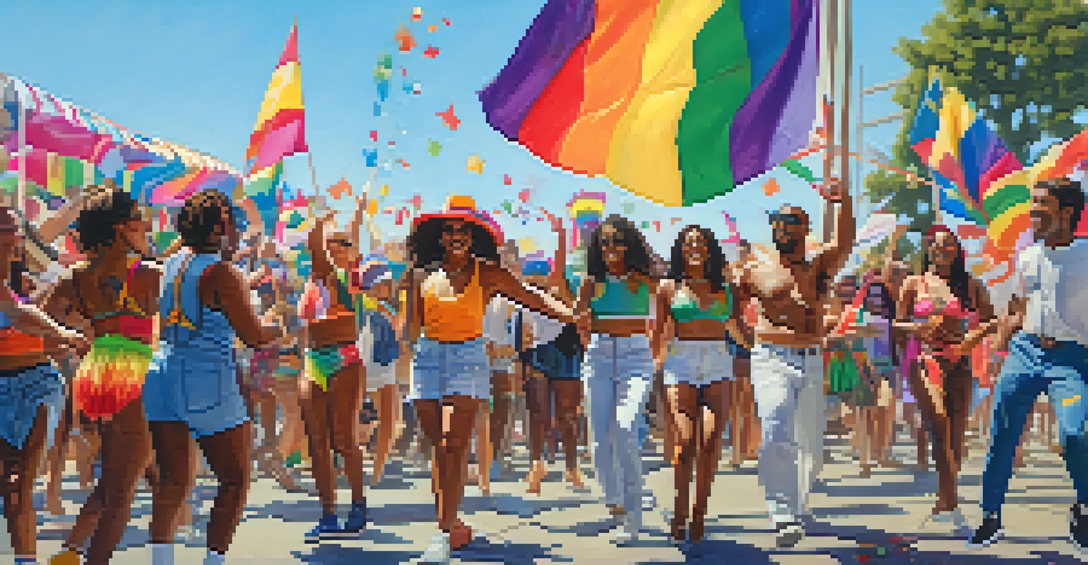 A vibrant Pride Festival in Compton featuring a diverse crowd celebrating with colorful outfits and rainbow flags.