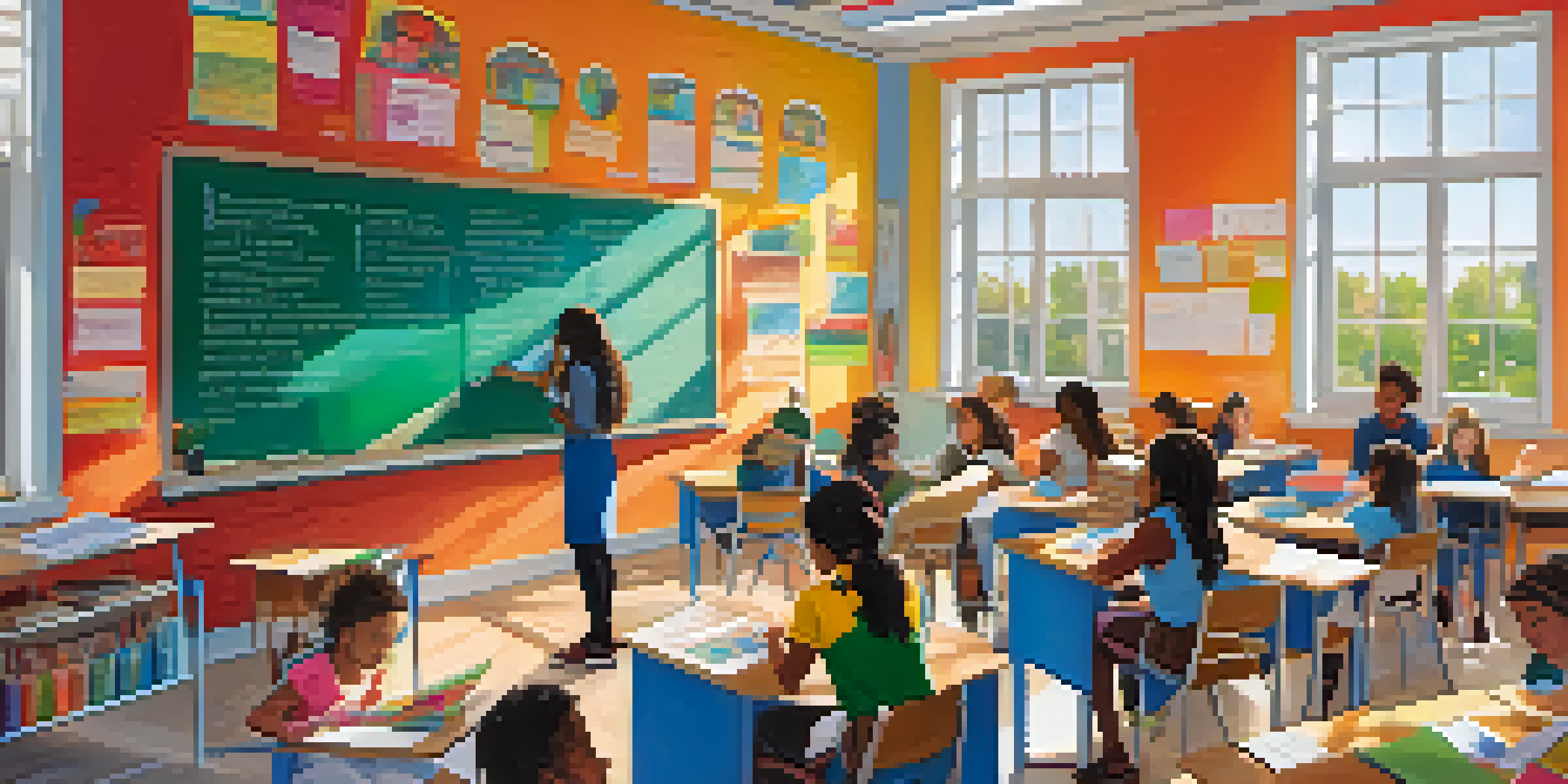 A diverse group of students working together in a bright and colorful classroom on a science project, with educational materials and sunlight streaming through the window.