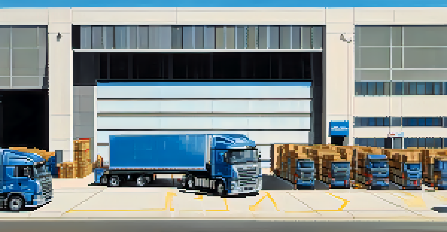 A close-up view of a distribution center in Compton with trucks and workers at a loading dock.